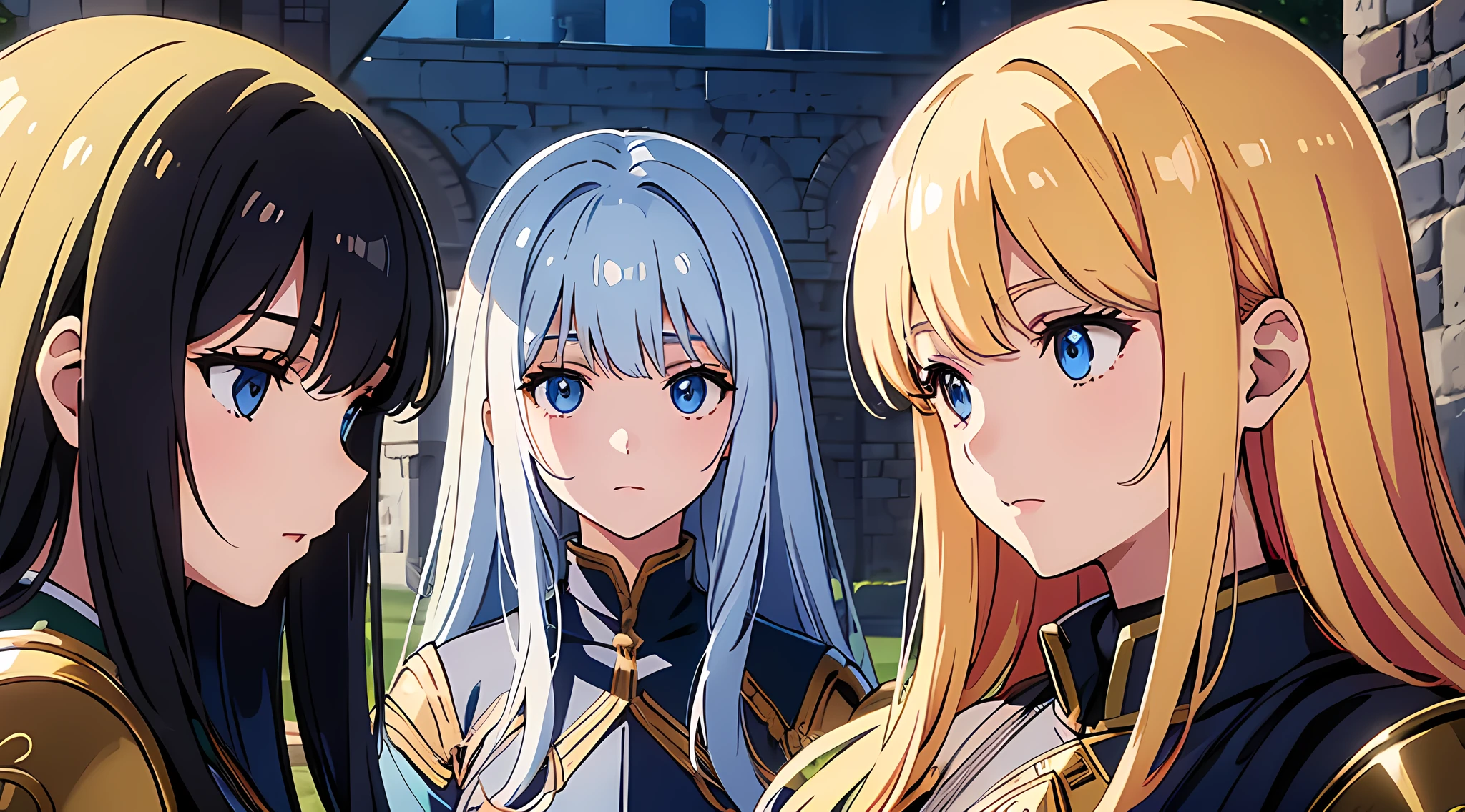 (3 moe girls), (beautiful eyes finely detailed, face to detail, multi color hair, long hair), knight armored, half body illustration, happy facial expression, chatting, the background is near the castle, masterpiece, top-quality, detailed, high resolution illustration