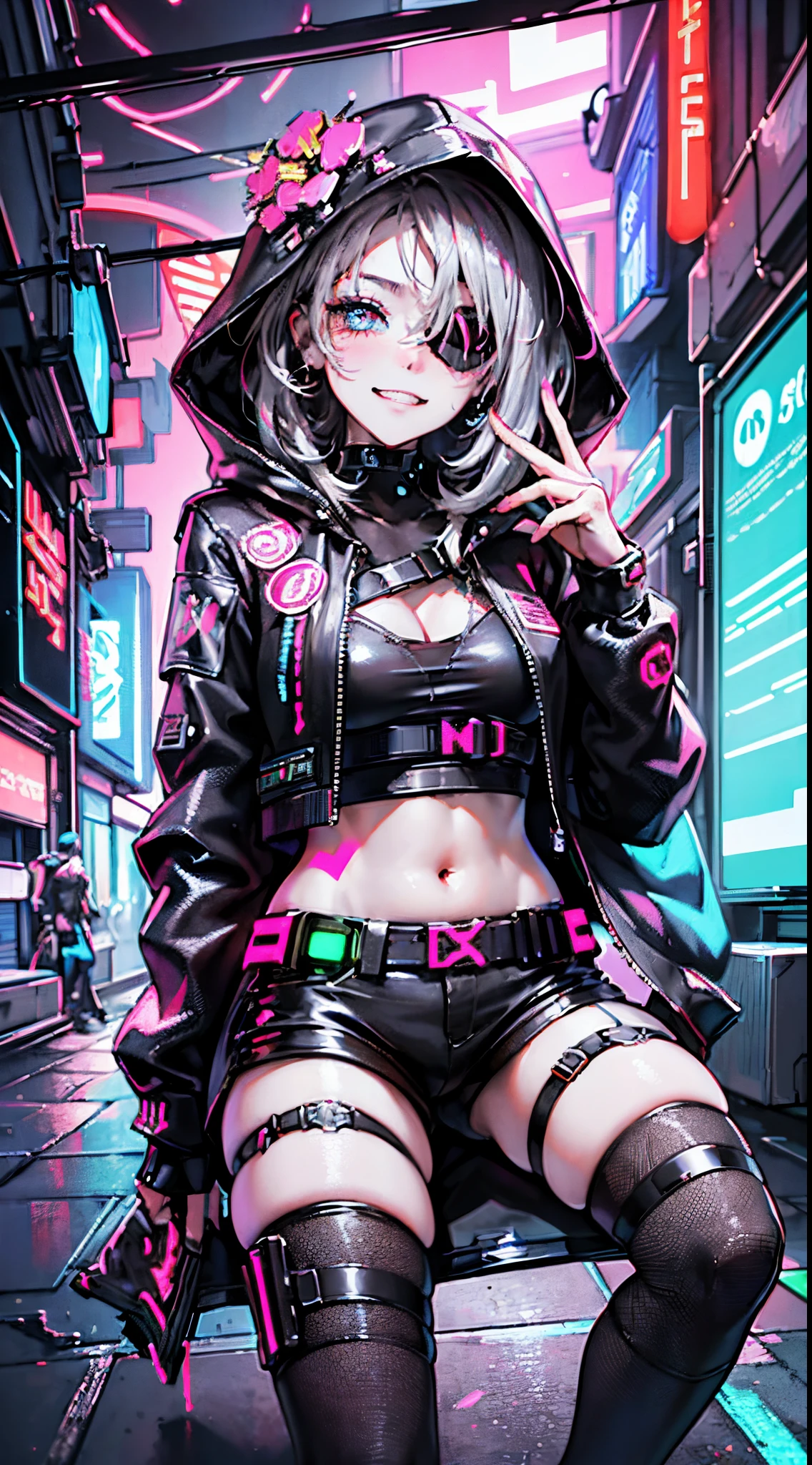 portrait, 1 girl, naked, beautiful face, belt, covered mouth, open navel, futuristic helmet, detached sleeves, black hair, black eyes, hip vent, open jacket, cute, look at viewer, night city, neon, rainy, stomach tatoo.