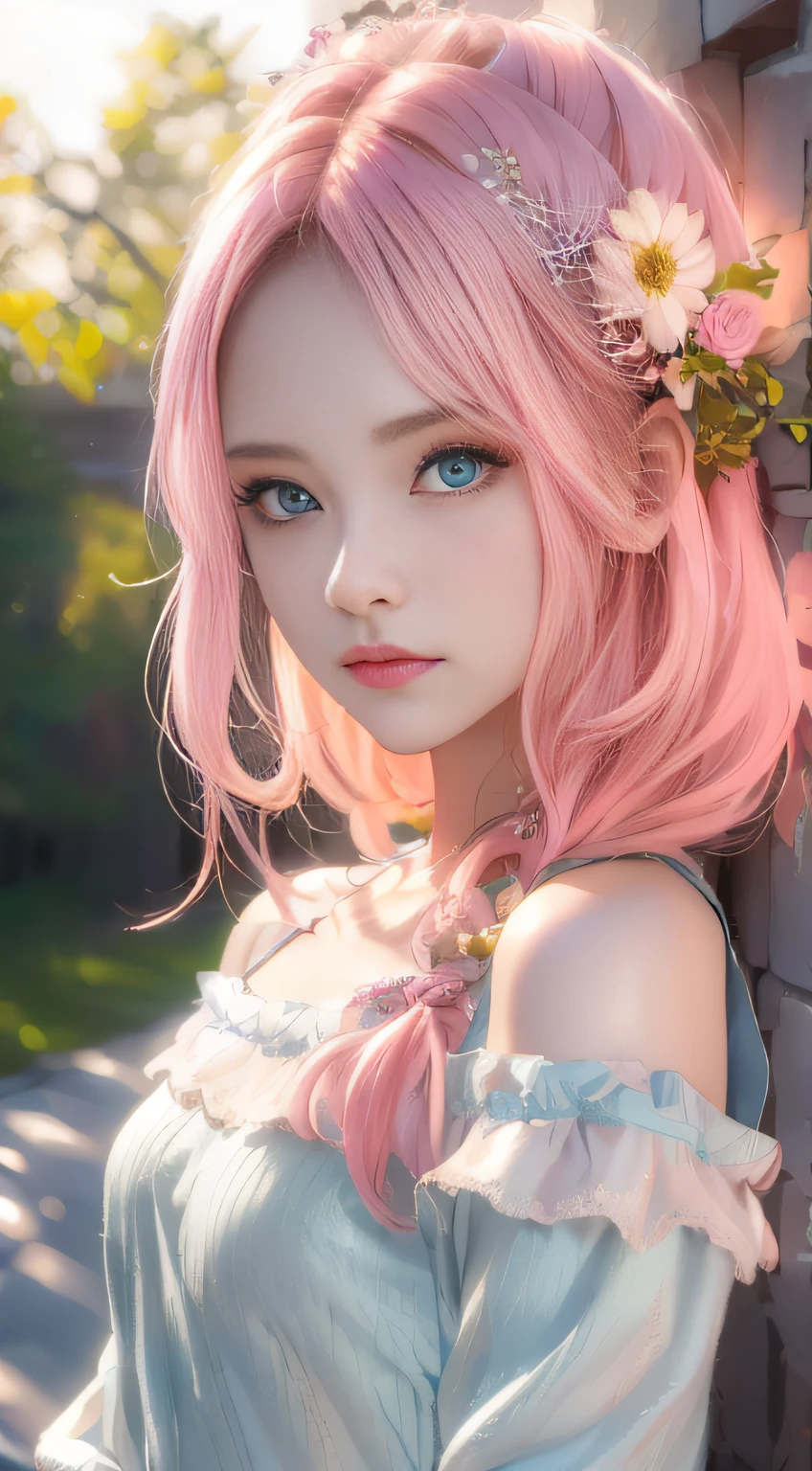 best qualtiy,tmasterpiece,hight resolution,1girll,dingdall effect,realisticlying,edge lit,two tone lighting,(highdetailskin:1.2),8K UHD,pure,Dolce,flowers background,Colorful background,Based on physical rendering,Perfect Light and Shadow,extreme hight detail,Pink tones,eye reflections,Raised sexy,perfect bodies,Superb Beauty,largeeyes,long eyelasher,Delicate eyes,big shiny eyes,Small pupil reflex,Shoulder and neck details,The texture of the pupil is delicate,Perfect eyes,black pupils,best qualtiy,A pink-haired、tmasterpiece,16 K,a picture,head portrait,Bigchest,long-sleeve,Take care of your chest,Large breasts,Delicate avatars