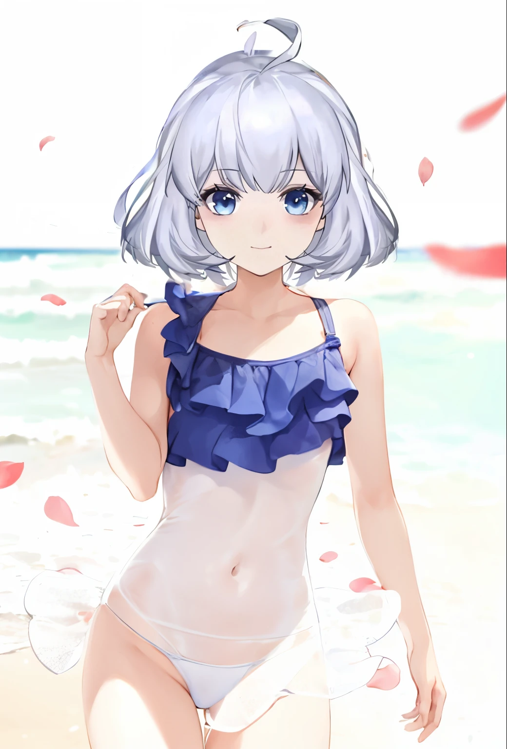 girl in swimsuit，Background is the beach，petals，butterflys