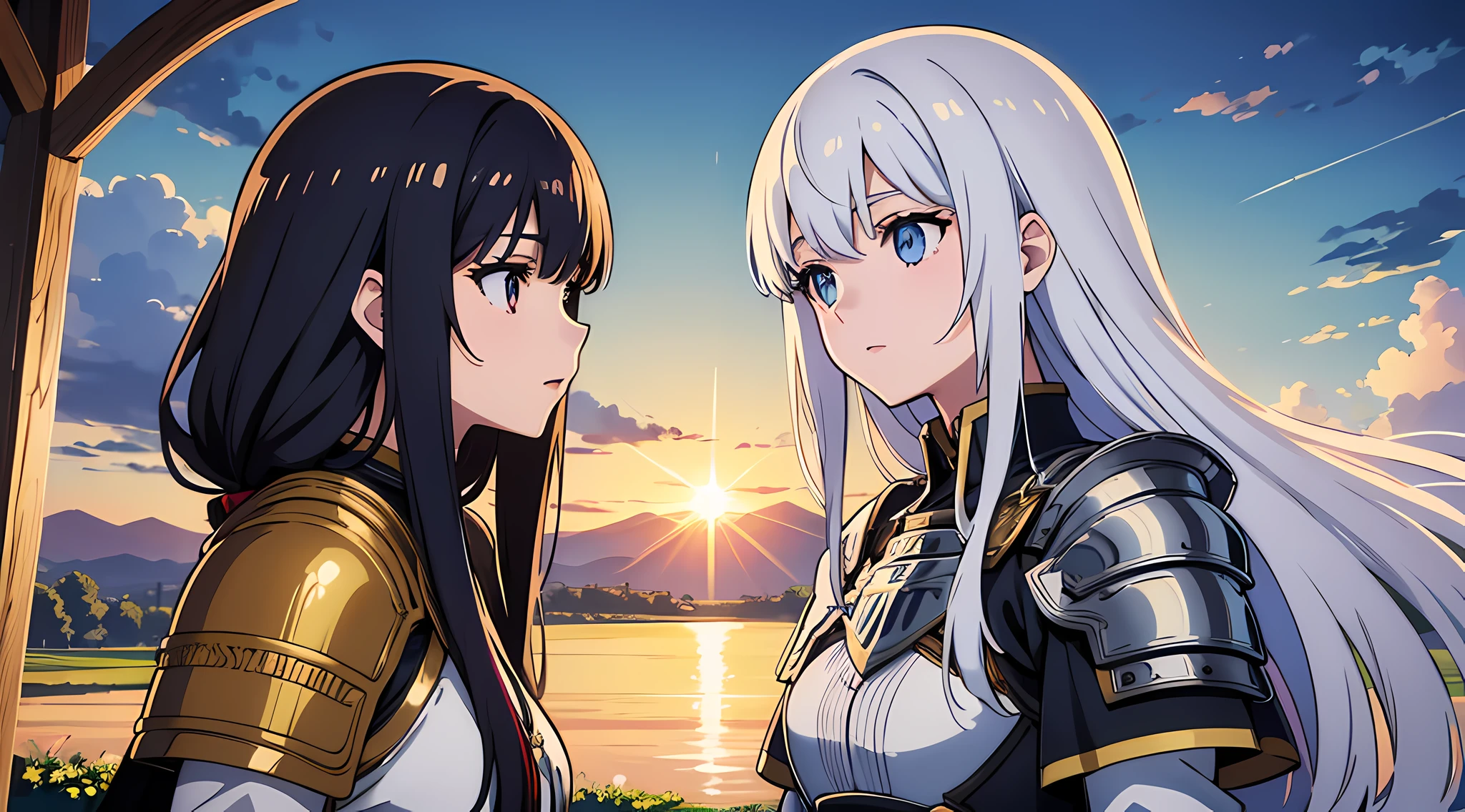 (2 moe girls), (beautiful eyes finely detailed, face to detail, multi color hair, long hair), knight armored, half body illustration, chatting, the background is near the castle, masterpiece, top-quality, detailed, high resolution illustration