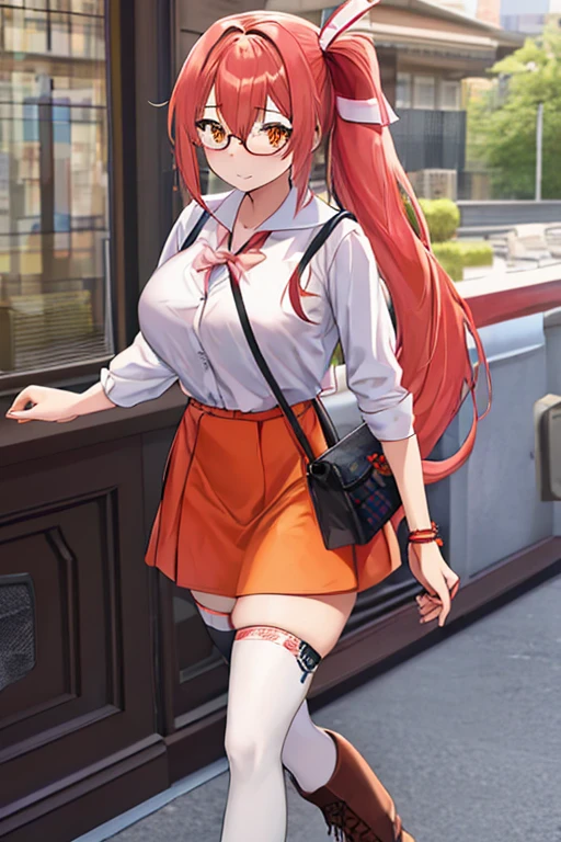 A girl with long pink hair, a side ponytail, orange eyes, big breasts, and wearing casual clothes, including a white shirt, a red skirt, a hair ribbon, glasses, an orange scarf, a bag, black thighhighs, and boots. (best quality, detailed)