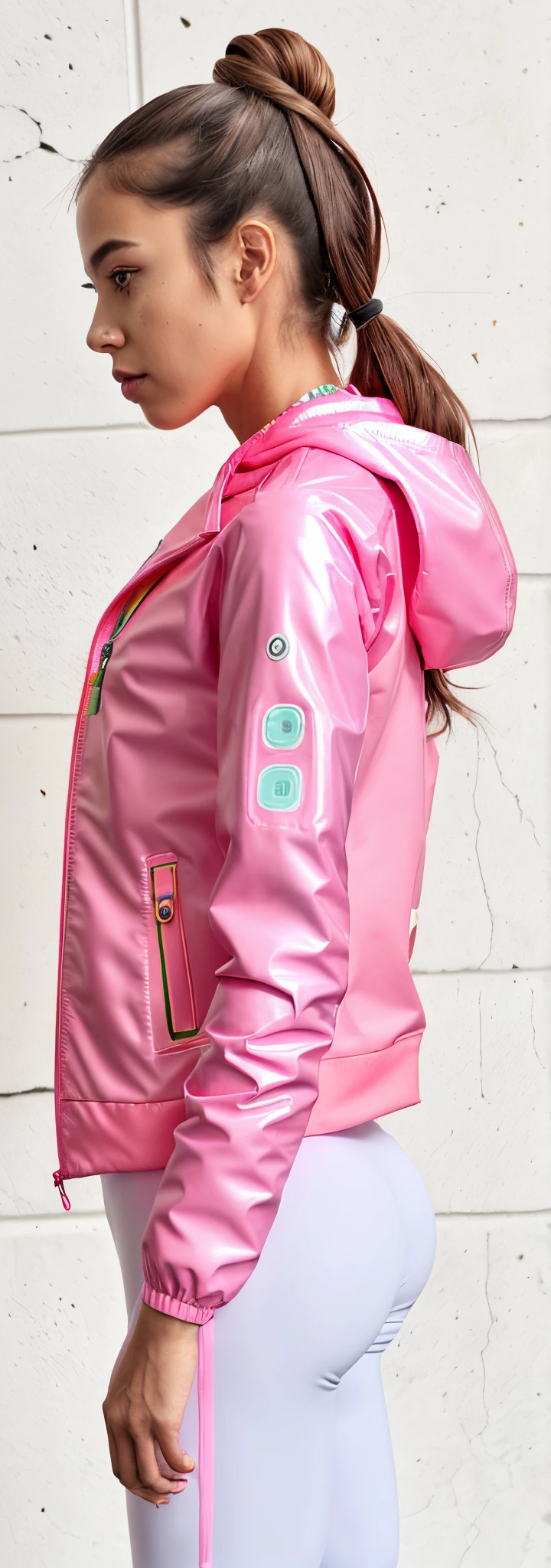 Araffe vestindo uma capa de chuva rosa e leggings brancas, rosa pastel neon, casaco para uma rave, brilhante da chuva, casaco elegante para uma rave, encapuzado, future inflatable jacket, neon pink, terno reflexivo, usando um capuz rosa, Detalhes do Fluo, roupas cor-de-rosa, cyber future jacket, she is wearing a wet coat, roupas esportivas, algum rosa, olhar molhado