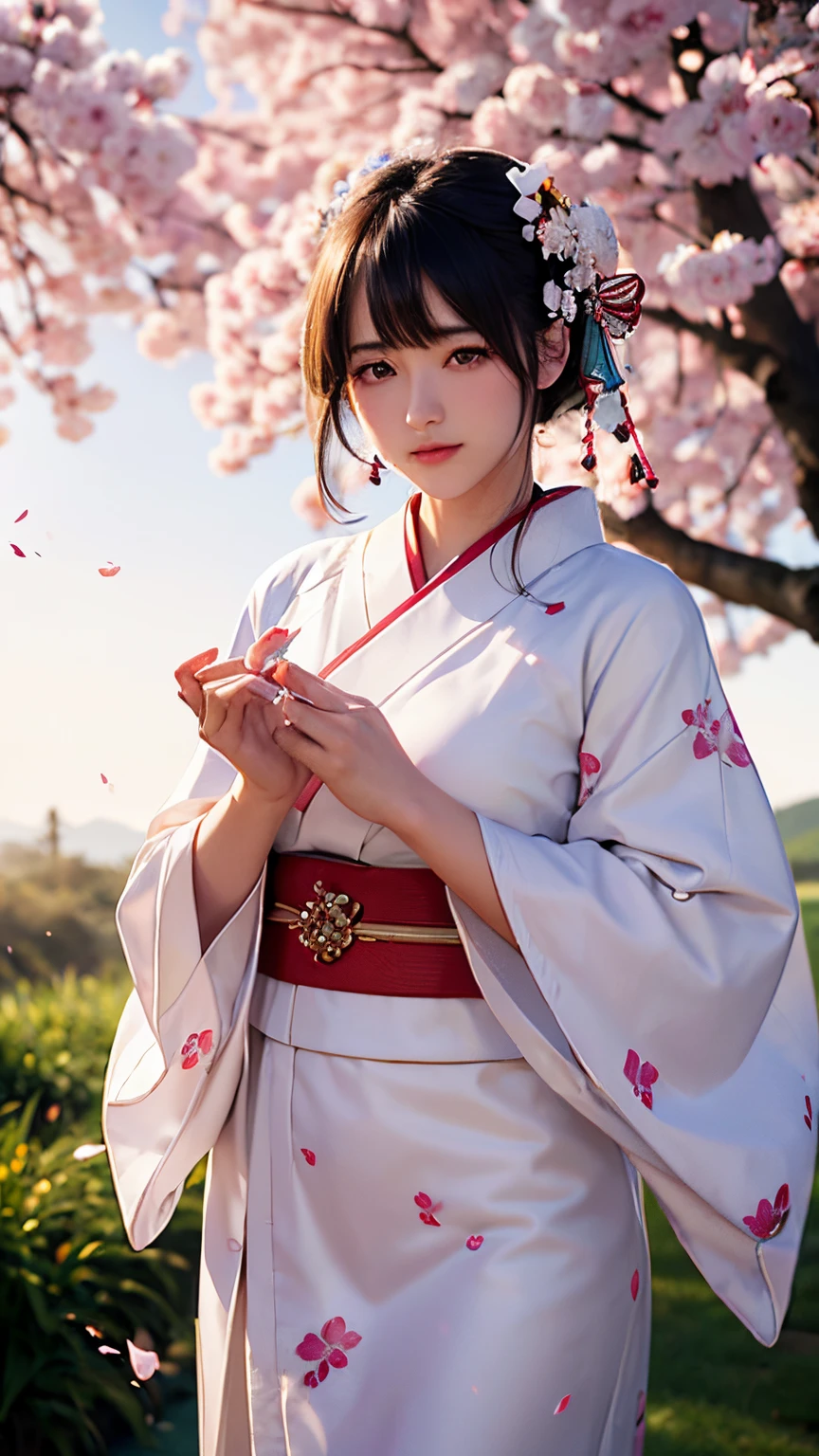 (A logo、​masterpiece、8K、masutepiece、Raw photo、Fantastic、Best Quality、Photorealistic、extremely detailed CG unified 8k wallpaper、hightquality、ighly detailed、epic poem、Particle effect、Dynamic effects、depth of fields、Cinematic Light、Lens Flare、Ray tracing)、Fantasia、 (Beauty 1 person、Kimono isolated on white background、Japanese dress、White floral pattern、A dark-haired、Beautiful face、Real Face、Beautiful detail eyes、Beautiful skin)、Hair flutters in the wind、Hair jumps、Pink cherry blossom tree、Petals flutter、Sakura blizzard、Superb view、morning glow、Sun in the background、the wind、Deities、tusk、myth、Vast Land、