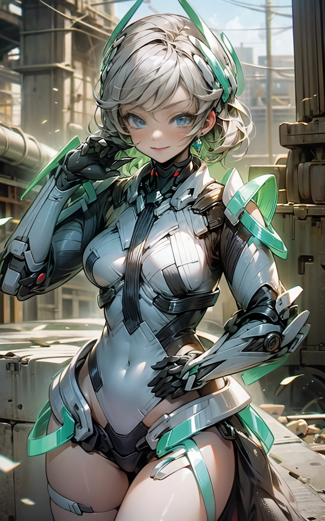 lightsmile, deva battle suit, Outdoors, Silver hair, bobhair, Blue eyes, waist shot