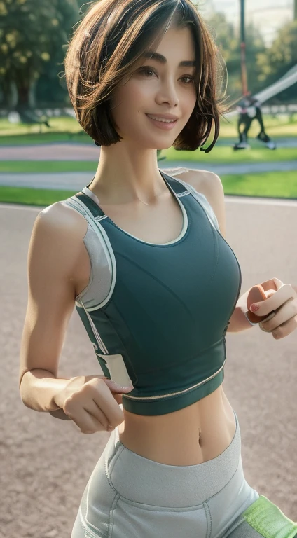 ((Top Quality, 8k, Masterpiece: 1.3)), Sharp Focus: 1.2, Perfect Body Shape Pretty Woman: 1.4, Slender Abs: 1.2, (Layered Haircut, Big: 1.8), (Sports Bra: 2.0), (Jogging: 1.8), (Street: 1.2), Highly Detailed Face and Skin Texture, Detailed Eyes, Double Eyelids, Smile, Bokeh,