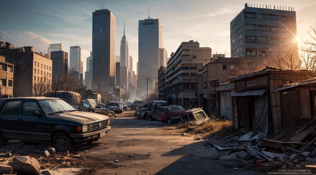 (best quality,4k,8k,highres,masterpiece:1.2),ultra-detailed,(realistic,photorealistic,photo-realistic:1.37),desolate,post-apocalyptic,landscape,zombie-infested,cityscape,abandoned streets,crumbling buildings,overgrown vegetation,deserted vehicles,damaged infrastructure,ominous atmosphere,decaying,ruined structures,remnants of human civilization,dark skies,ominous clouds,desperate,survivors banding together,strong sense of unity,sturdy barricades,fortified structures,resourceful survivors,weapons at the ready,determined expressions,constant vigilance,patrolling the area,watchful eyes,encounters with roaming zombies,intense battles for survival,ominous growls and shrieks,resilient survivors,quick thinking,strategic defenses,well-planned escape routes,lasting hope amidst chaos,tranquil and serene park setting,small makeshift homes,scattered campfires,sense of community in the survivors camp,bravery in the face of danger,heroes emerging from the darkness,New York skyline in the background,remnants of the Statue of Liberty,cityscape in the distance contrasting with the desolated foreground,dynamic lighting with dramatic shadows,unique artwork style,blending realism and artistic expression,vivid colors representing life and hope amidst the darkness