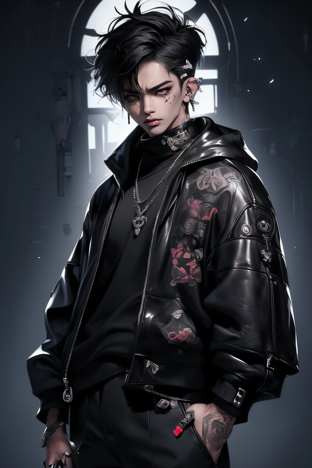 (4K works))、​masterpiece、(top-quality)、((Black cityscape background))、Korean Male、Adult male、((Adult 50 years old))、((Adult uncle type))、((Leather Jeans Style))、((Face similar to Hyunjin))、Cool Men、tall、((Wild features))、((Wild look))、((angry expressions))、((Long sleeve long trouser style))、((Smaller face))、Slim body、(((short-haired)))、((Shot alone))、((Solo Photography))、Professional Photos、((He is in front of the viewer))、((Upper body photography))、((Wear a lot of piercings))、((Piercing on the lips))、((Tongue piercing))、((Sick Boys))、((Mineboys))、((Lots of tattoos))、((Pictures of mines))、((sassy pose))、Black hood