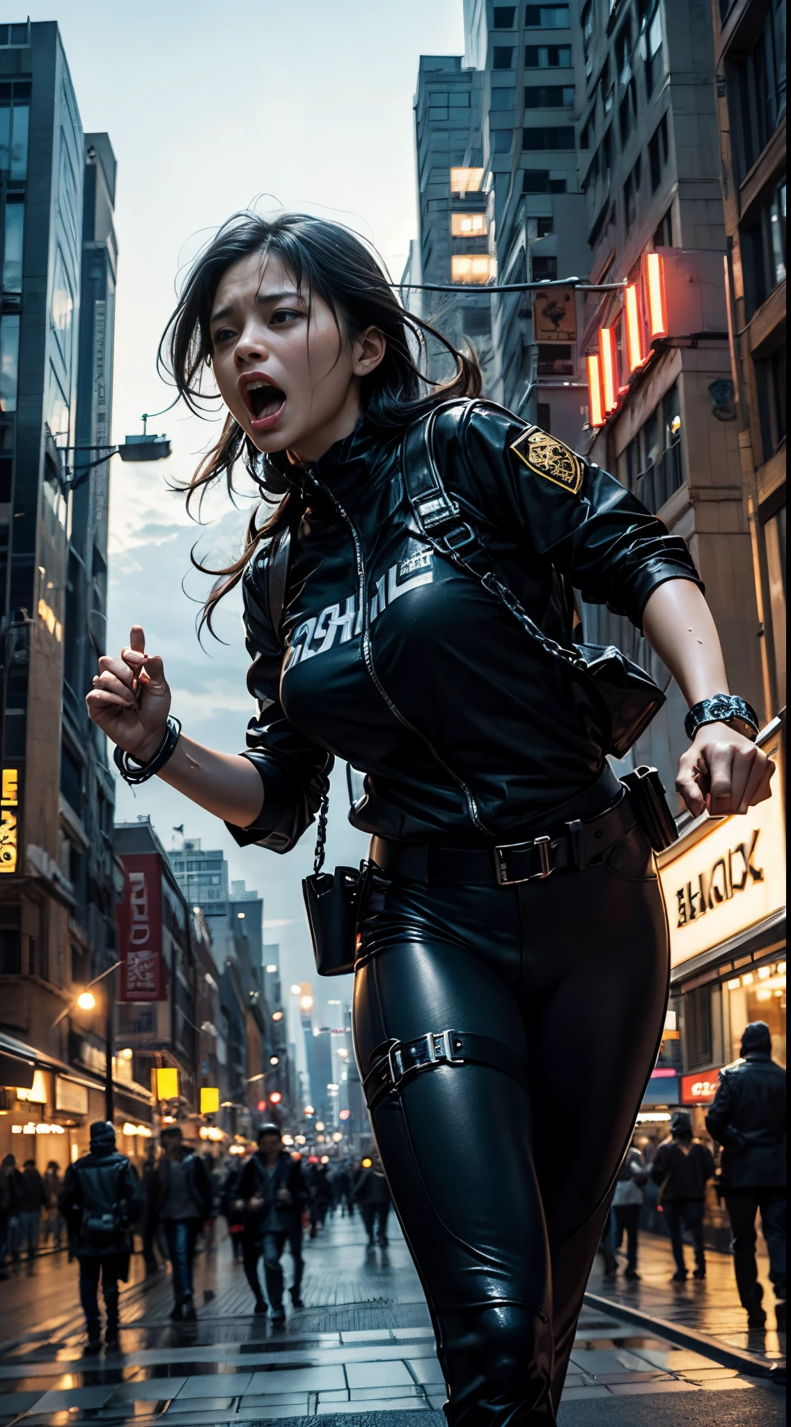 Big city at night、Female Detective、chasing the criminal、((Desperate face))、(Open your mouth wide and scream)、Running、Sweat flows、suits、tie handcuffs、Batons