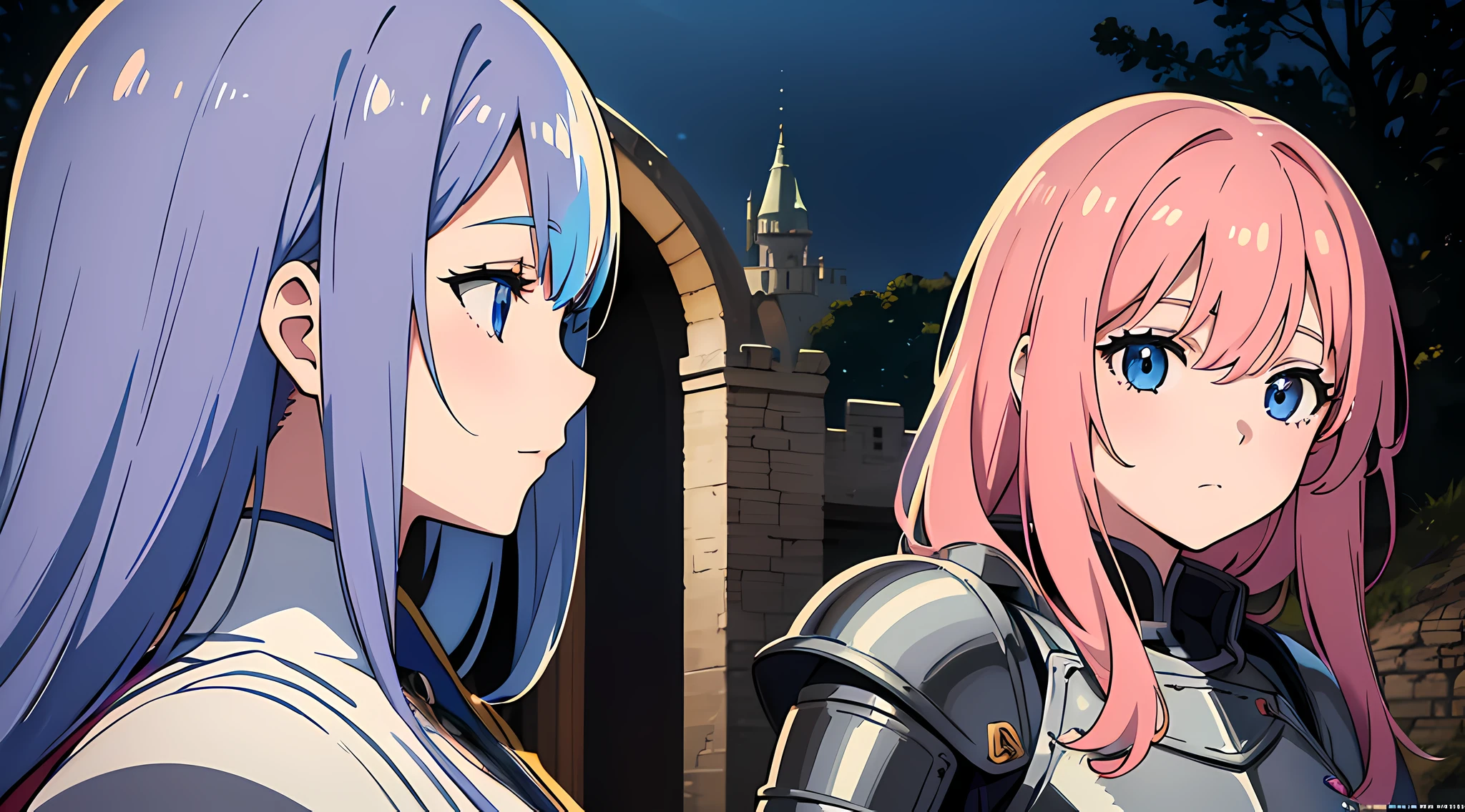 (2 moe girls), (beautiful eyes finely detailed, face to detail, multi color hair, long hair), knight armored, half body illustration, chatting, the background is near the castle, masterpiece, top-quality, detailed, high resolution illustration