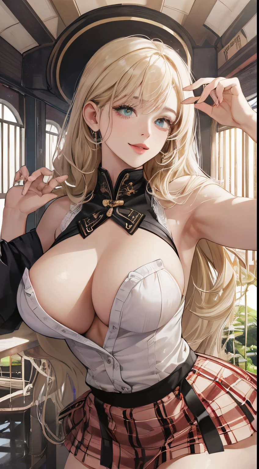 top-quality、realistic touch,high-detail、photoRealstic、、Long body、skirts that are too short、big eye、Big breasts that will tear your clothes、Strong platinum blonde eyelashes、platinum-blonde、Beautie、A sexy、full body Esbian、Sparkling eyes、Submissive smile、Flushed cheeks、Kamimei、thin-waist、Sleeveless、Voluptuous thighs、Enraptured look、cabin attendant