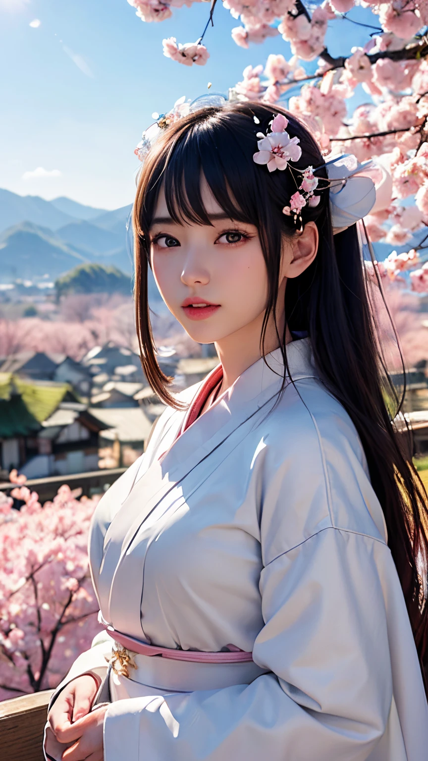 (A logo、​masterpiece、8K、masutepiece、Raw photo、Fantastic、Best Quality、Photorealistic、extremely detailed CG unified 8k wallpaper、hightquality、ighly detailed、epic poem、Particle effect、Dynamic effects、depth of fields、Cinematic Light、Lens Flare、Ray tracing)、Fantasia、 (1 beautiful woman in a white coat、robe blanche、Japanese dress、A dark-haired、Beautiful face、Real Face、Beautiful detail eyes、Beautiful skin)、Hair flutters in the wind、Hair jumps、Pink cherry blossom tree、Petals flutter、Sakura blizzard、Superb view、morning glow、Sun in the background、the wind、Deities、tusk、myth、Vast Land、