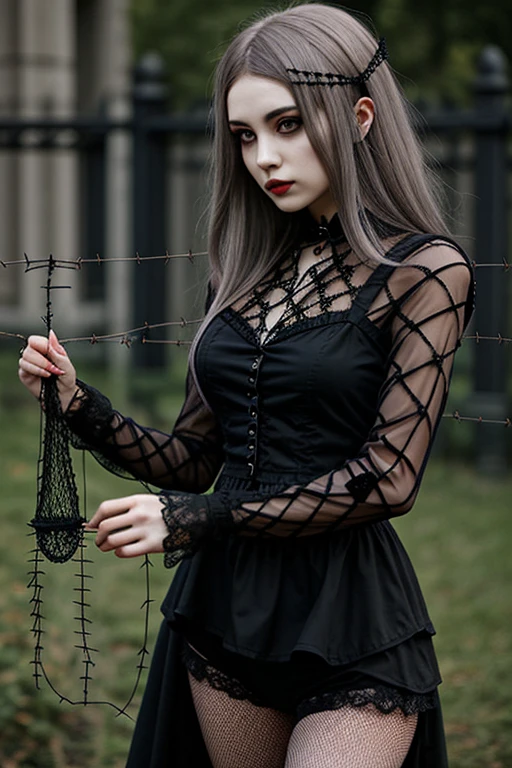 woman with gothic net symbolic clothes, 。.com (Barbed wire of the body) brunette color hair,Gray hair ends