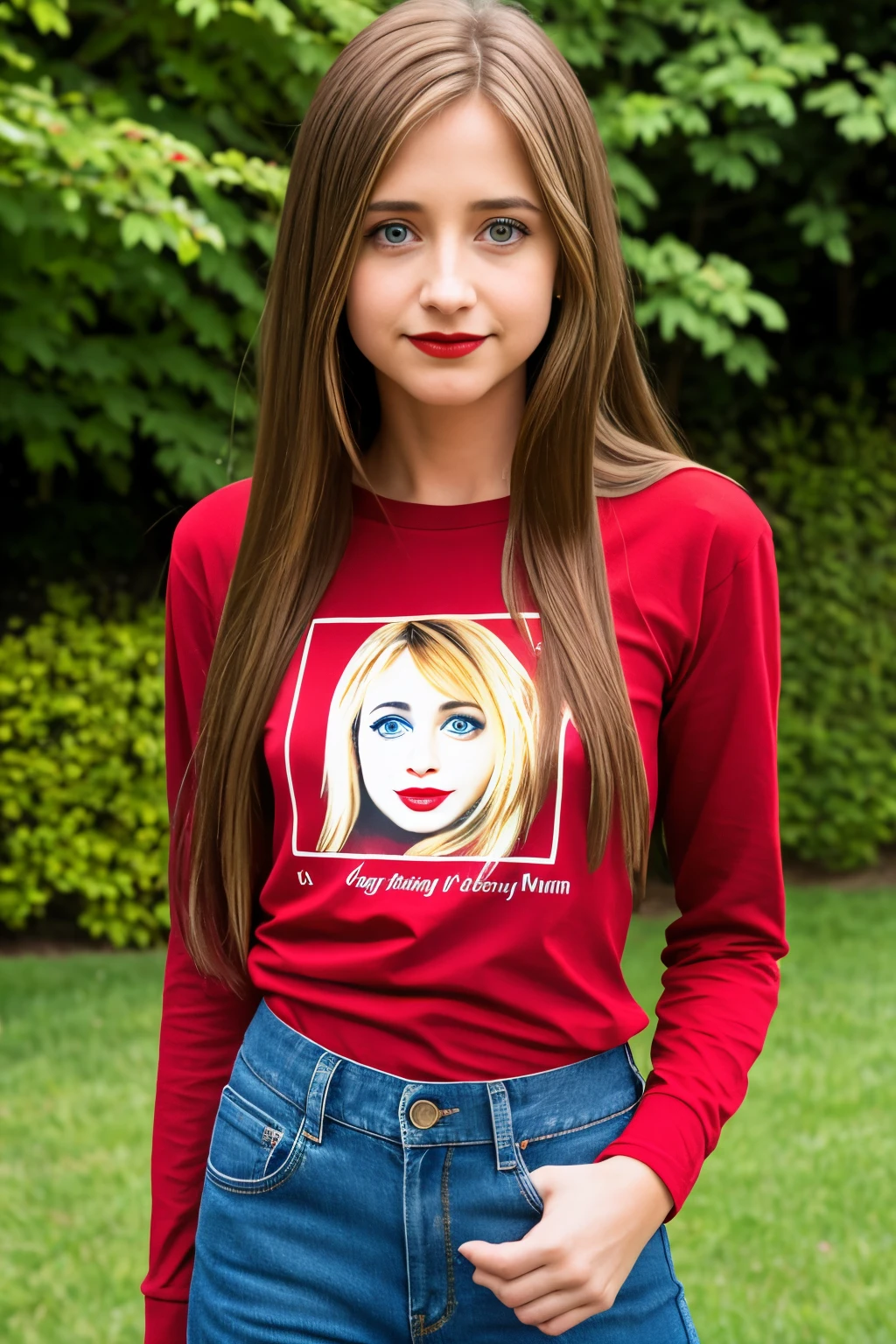 very skinny , long hair , teen american girl Allison Mack ,large eyes ,shallow depth of field ,
blurry, red lips, brown hair , , , soft skin, , expressive eyes ,
, , long sleeve red t-shirt, jens pants , farm