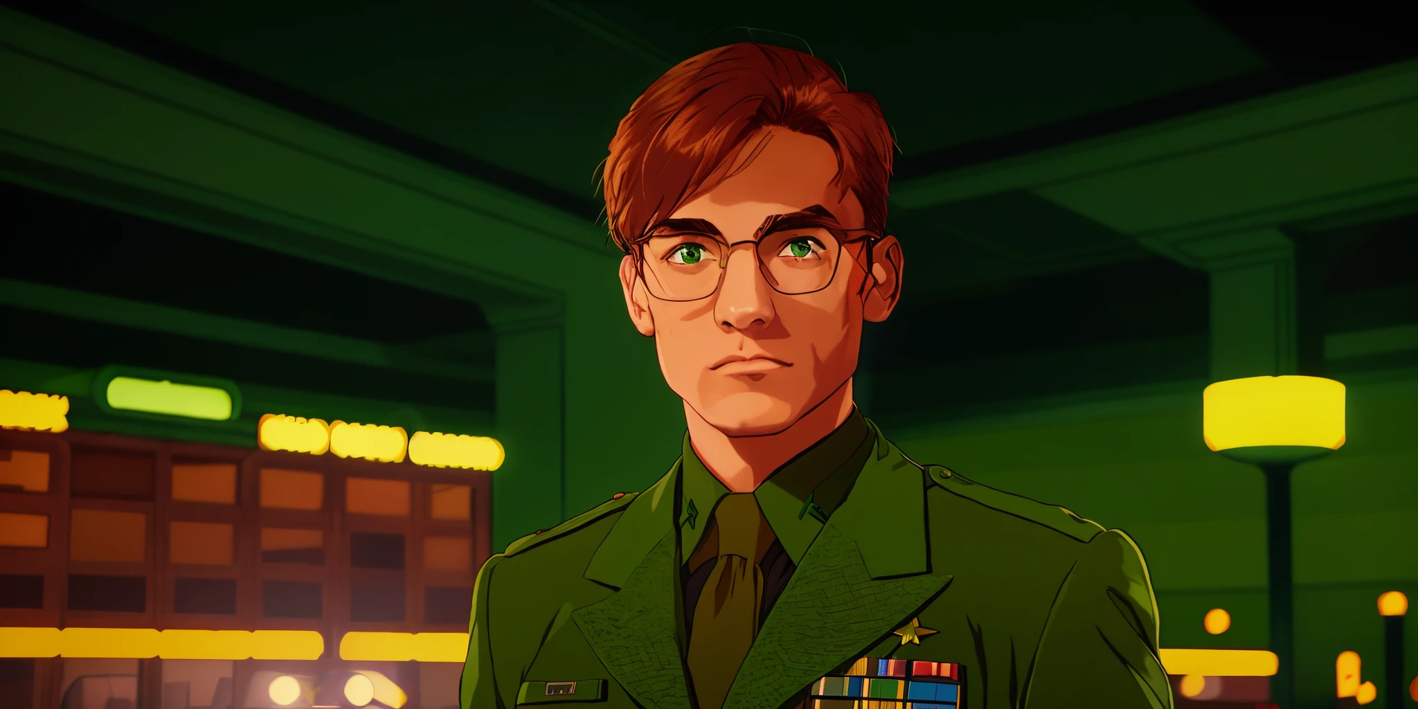 muted dark tones, Аниме 1990-х годов, Anime from the 1980s, A man in a dark green military uniform, evening