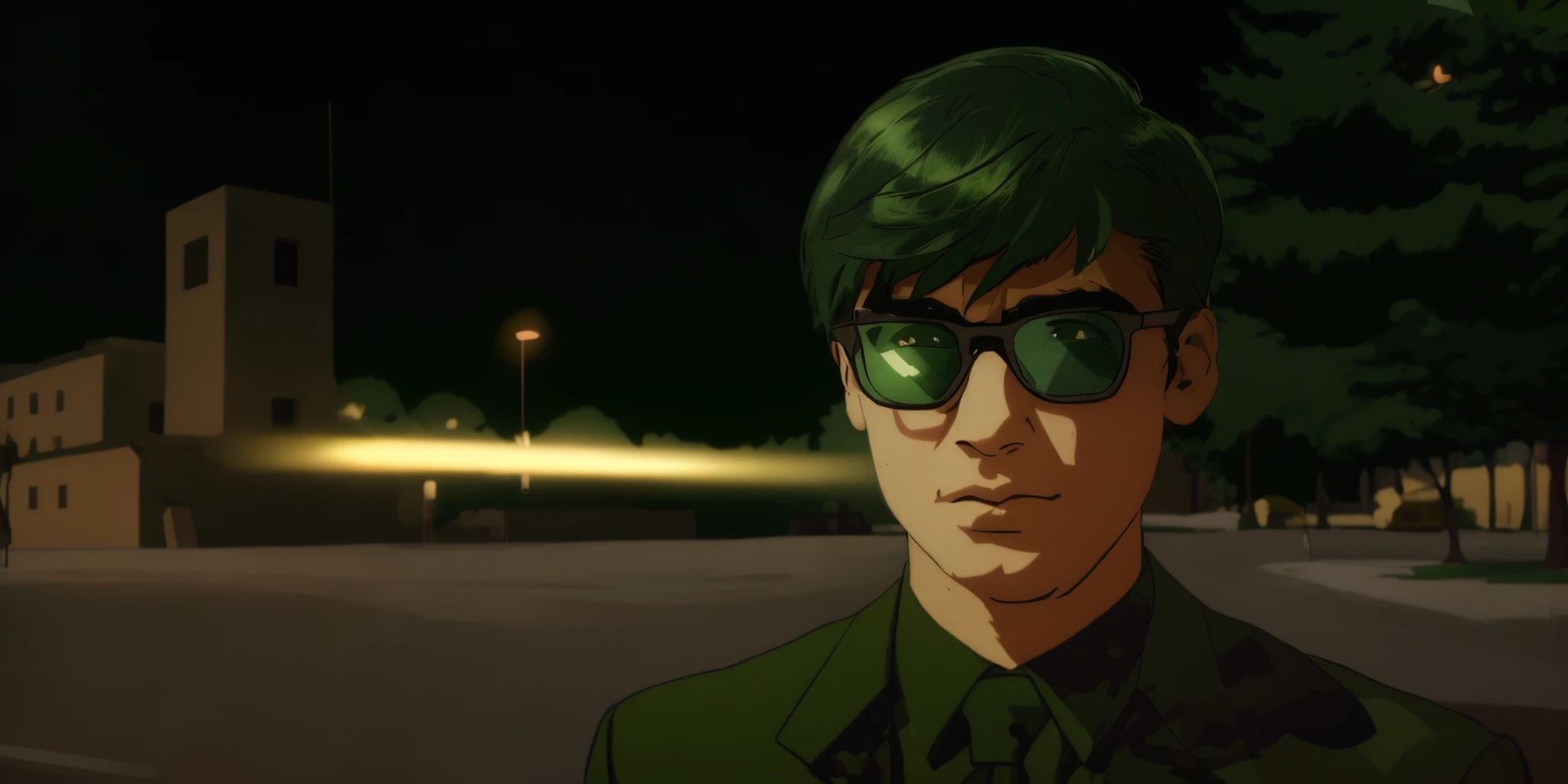 muted dark tones, Аниме 1990-х годов, Anime from the 1980s, A man in a military dark green uniform. It's light from the lamps but it's evening