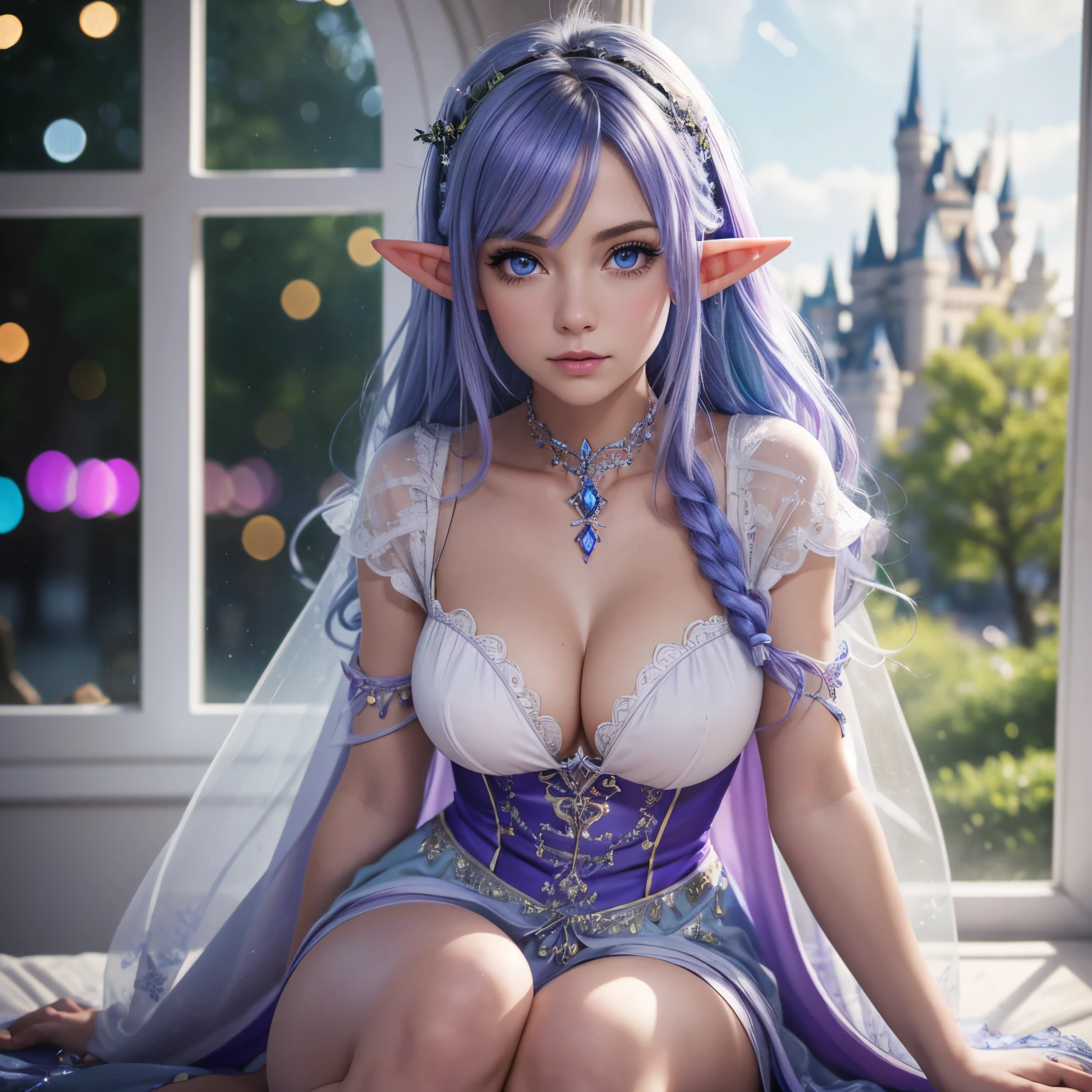 Realistic figure, Realistic photo of an elf alsv woman, blue and purple hair, fairy castle in background, beautiful eyes, full body portrait, white shimmering hair, neon light, 8K, RAW, best quality, masterpiece, ultra high res, colorful, (medium wide shot), (dynamic perspective), sharp focus , (depth of field, bokeh:1.3), extremely detailed eyes and face, beautiful detailed eyes, ((masterpiece, best quality)), sitting on the edge of the castle window, loose-fitting clothes dress