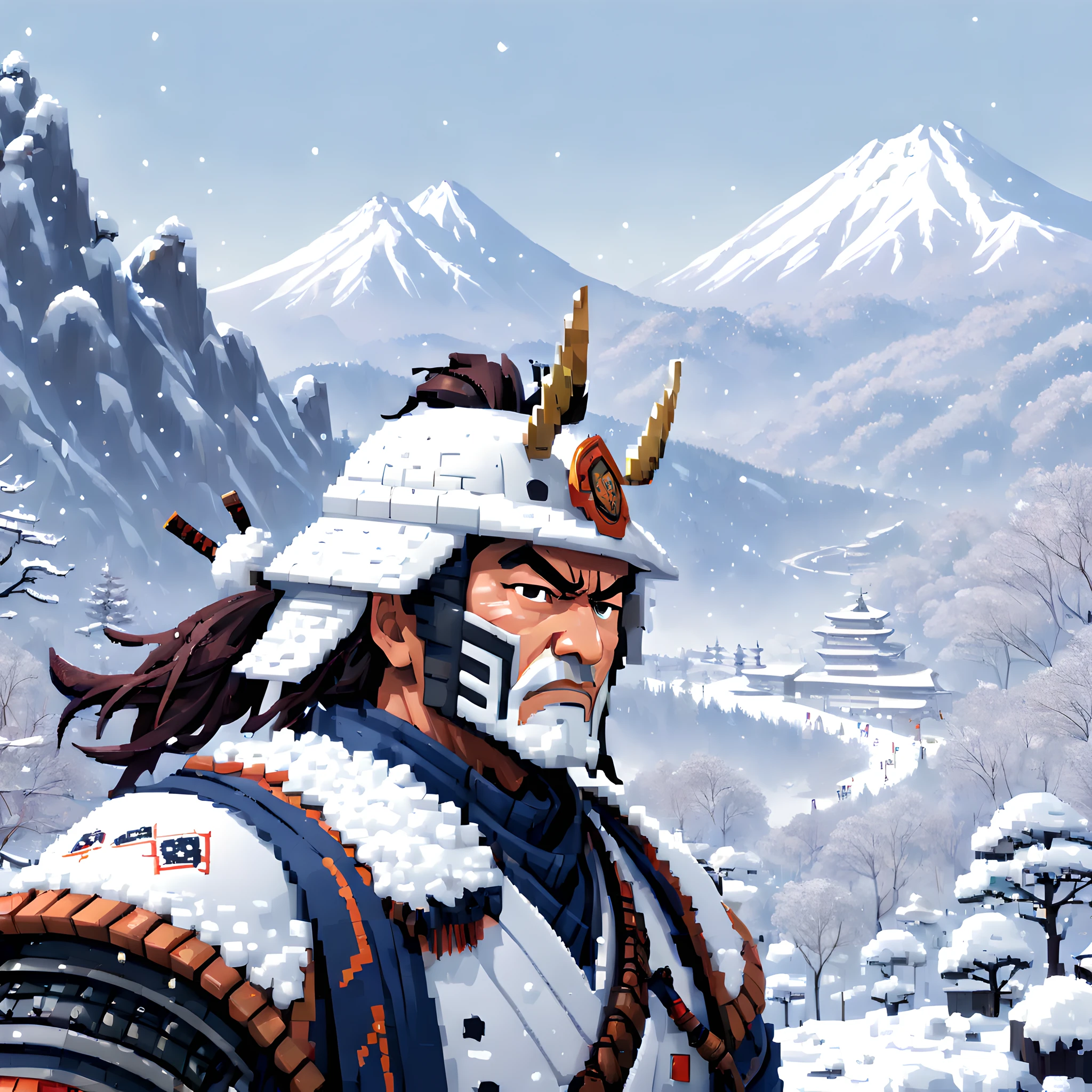 (Snowman:1.5),(Pixel art:1.5), (pixel theme:1.5), (fantasy:1.5), (Japanese game character:1.5), (Toshiro Mifune:1.5), (Japanese samurai:1.5), (General Winter:1.5),(snow:1.5), (snowy:1.5), (snow mountain:1.5),(white_out:1.5), (fantastic illustration:1.5),(dynamic:1.3), (absurderes:1.5),(ultra_detailed:1.5),(delicate:1.5),(Detail on facial expressions:1.5),(best quality:1.5),(masterpiece:1.5),