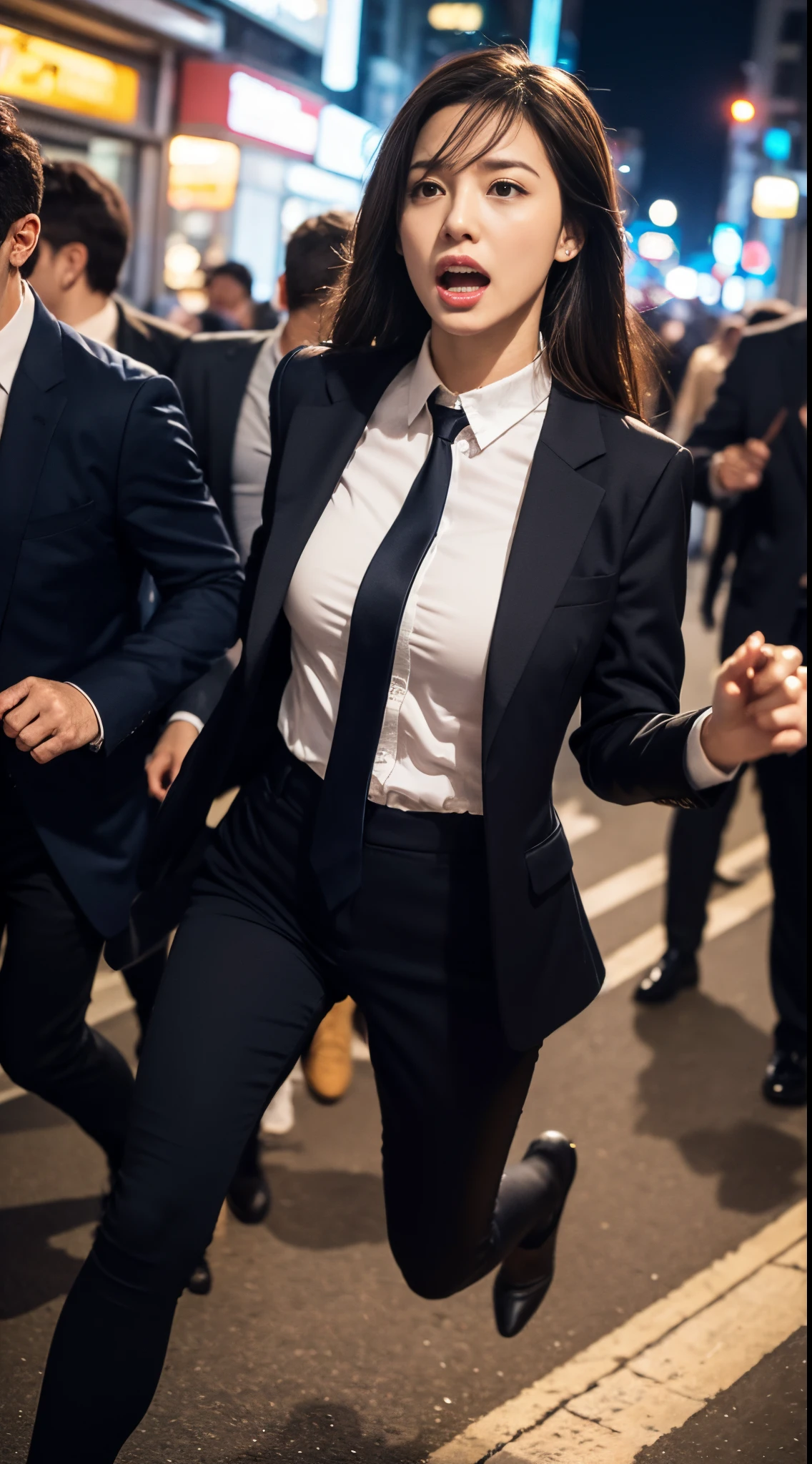 Big city at night、Female Detective、chasing the criminal、((Desperate face))、(Open your mouth wide and scream)、Running、Sweat flows、suits、tie handcuffs、Batons