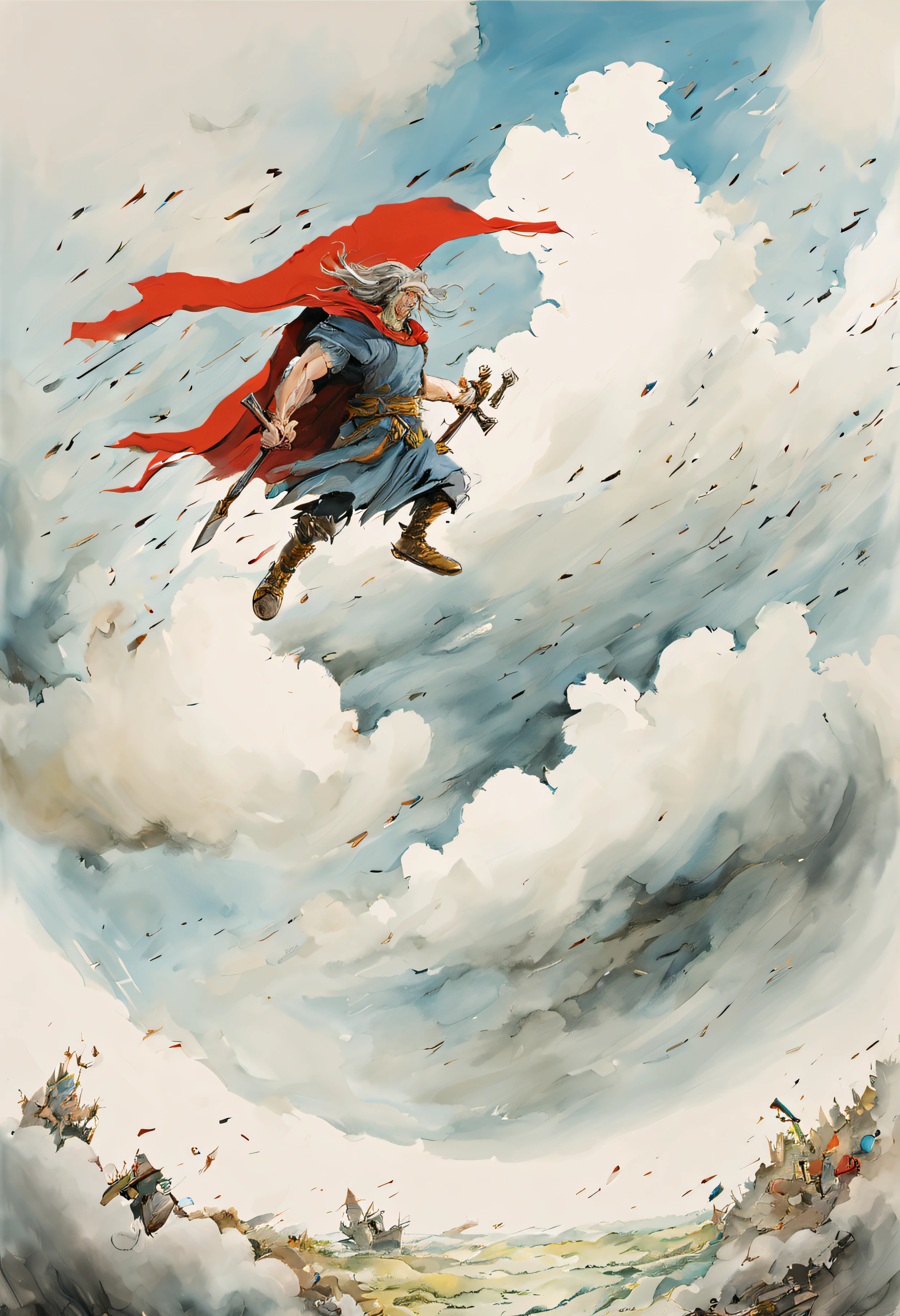 Quentin Blake style photo 、god of wind and god of thunder、emerging from the clouds、The large、hight resolution、Beautiful fece、top-quality、masterpiece、ighly detailed