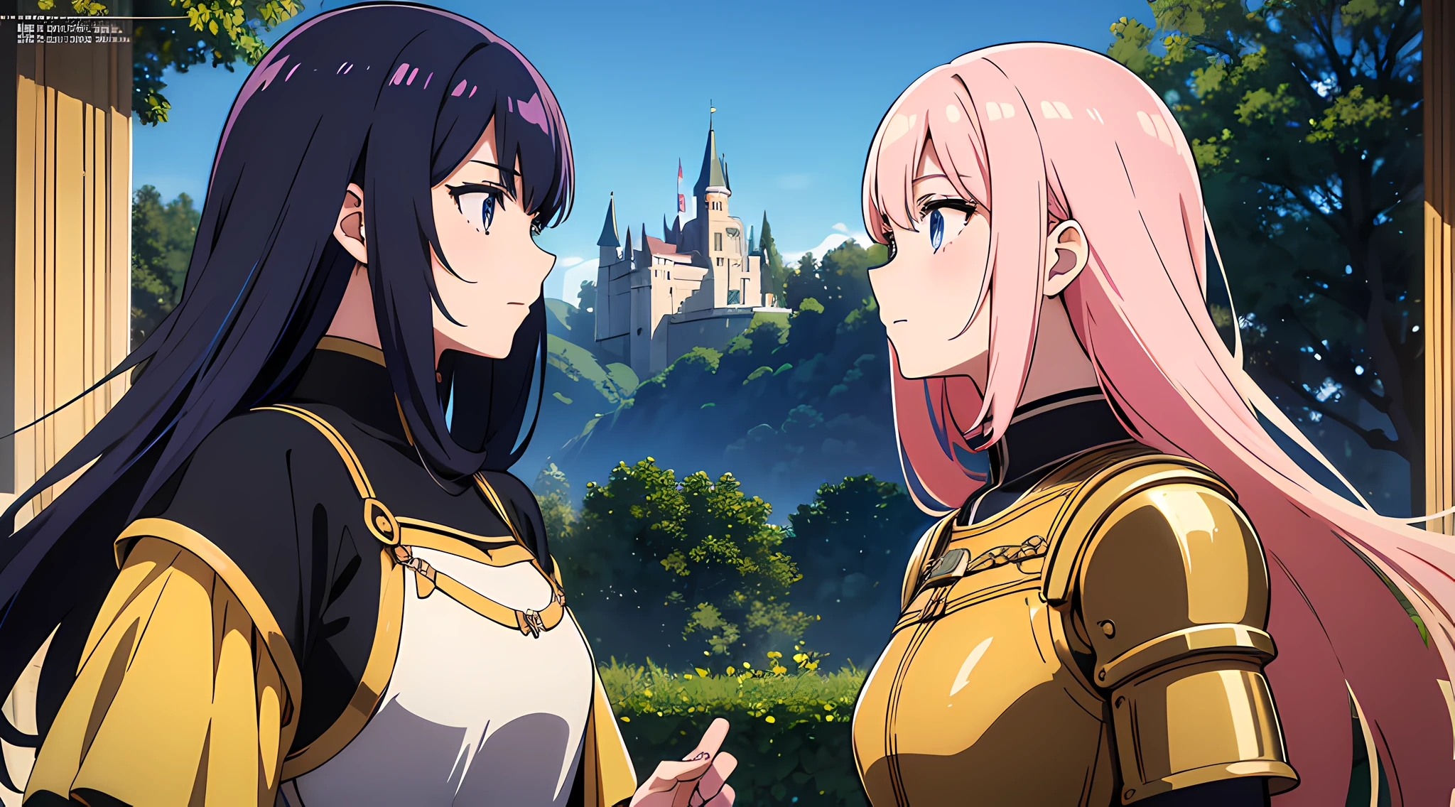 (2 moe girls), (beautiful eyes finely detailed, face to detail, multi color hair, long hair), knight armored, half body illustration, chatting to each other, the background is near the castle, masterpiece, top-quality, detailed, high resolution illustration