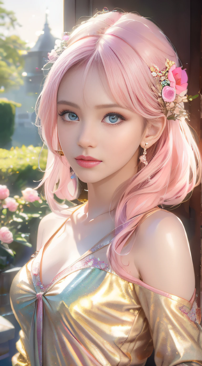 best qualtiy，tmasterpiece，hight resolution，1girll，dingdall effect，realisticlying，edge lit，two tone lighting，（highdetailskin：1.2），8K UHD，pure，Dolce，flowers background，Colorful background，Based on physical rendering，Perfect Light and Shadow，extreme hight detail，Pink tones，eye reflections，Raised sexy，perfect bodies，Superb Beauty，largeeyes，long eyelasher，Delicate eyes，big shiny eyes，Small pupil reflex，Shoulder and neck details，The texture of the pupil is delicate，Perfect eyes，black pupils，best qualtiy，A pink-haired、tmasterpiece，16 K，a picture，head portrait，Bigchest，long-sleeve，Take care of your chest，Large breasts，Delicate avatars