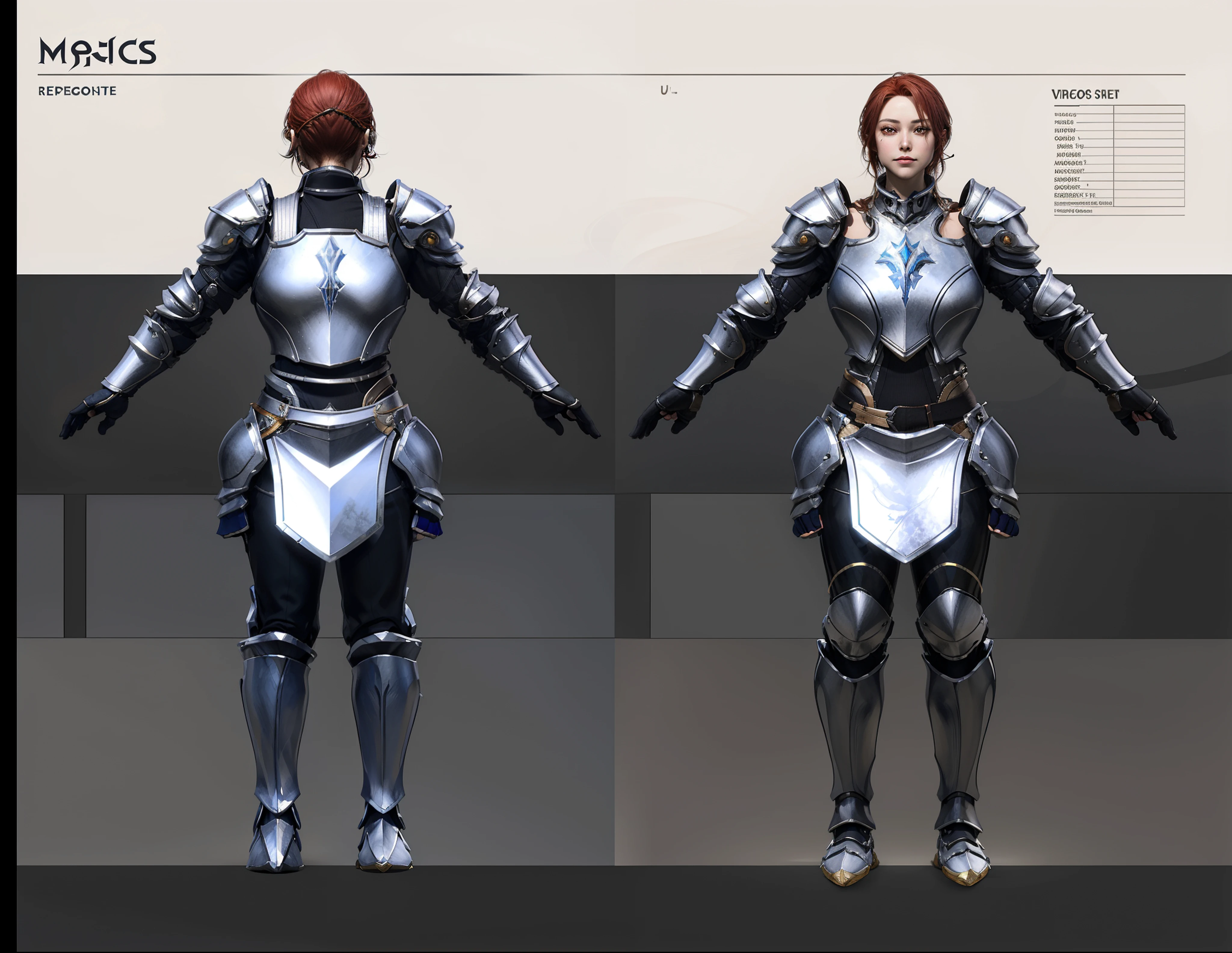 (masterpiece:1.1),(highest quality:1.1),(HDR:1),extreme quality, a close up of a person in armor with red hair, full body character concept, full body concept, detailed full body concept art, concept armor, detailed full body concept, full body concept art, valkyrie style character, game character design, concept character, full body character concept art, 3 d character reference sheet, female mecha, video game character concept, detailed character design, character sheet, character model sheet turnaround , front and back, front and back, Paladin wearing Silver Chain Armor with Moonlit Edges, black pants inside, red loincloth