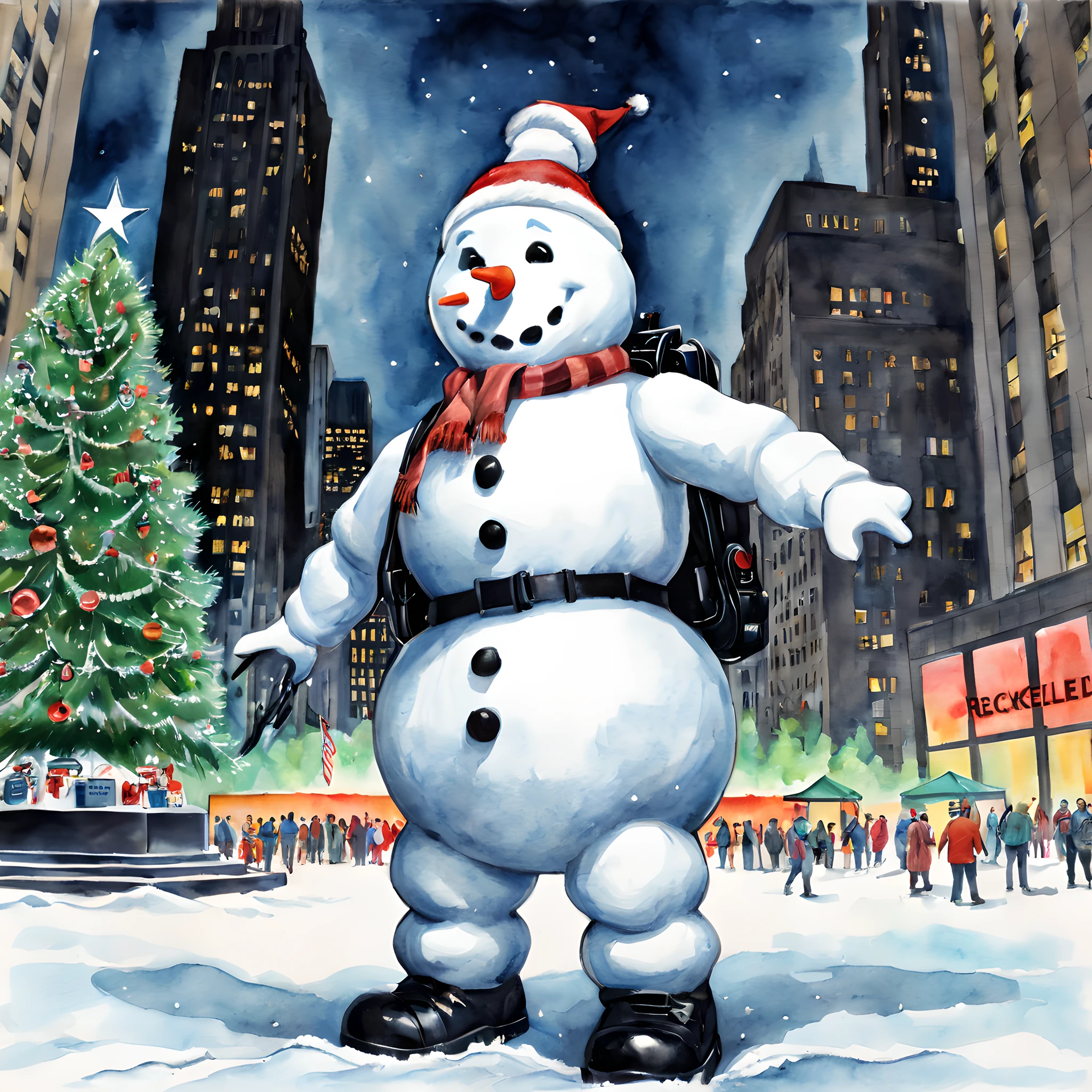 (snowman:1.5),(snowman theme:1.5),(dark horror theme:1.5),(thriller:1.5),(inspiration from Stephen King and ghost busters:1.5),(dark fantasy:1.5), (ink and watercolor painting:1.5), (full color:1.5), 8k, 4k, (snowman in front of rockefeller center:1.5),(Christmas:1.5),(absurderes:1.5),(fantastic:1.5),(best quality:1.5),(masterpiece:1.5),