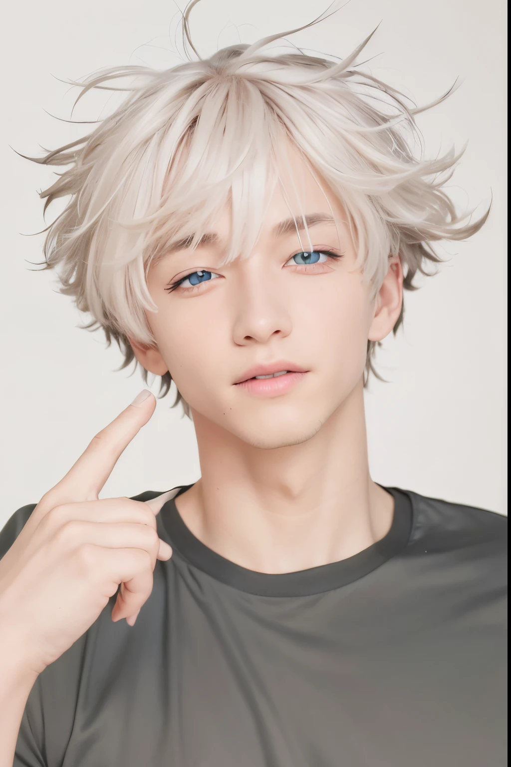 solo, best quality, highly detailed, 1 boy, white hair, blackt-shirt, blue eyes, wink, smiling, realistic, ultra detail, 70mm lens