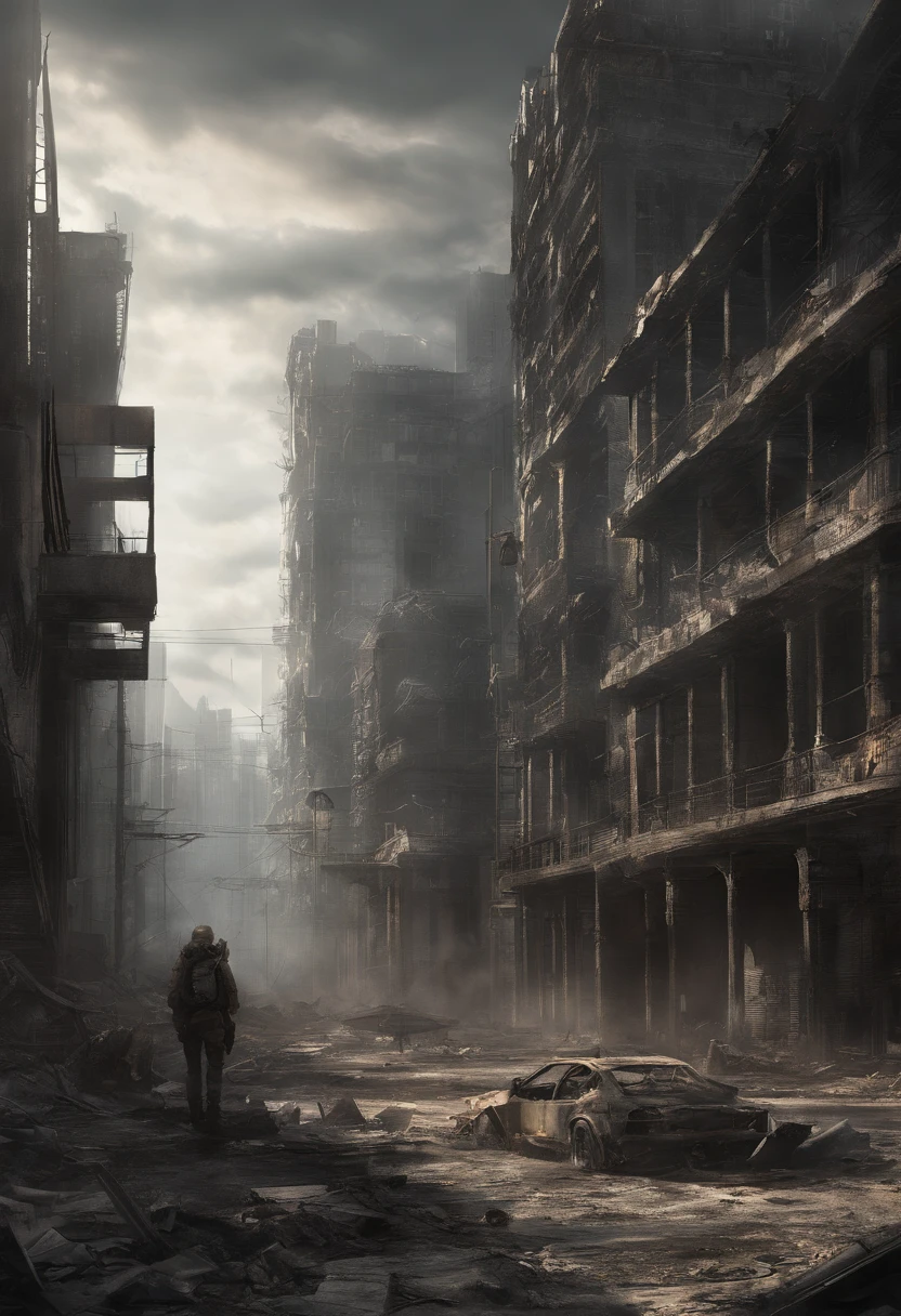 apocalyptic city,ruined buildings,postapocalyptic,Zdzislaw Beksiński,madmax: Fury Road,low key lighting,tmasterpiece,Detailed details,k hd,Tyndall effect