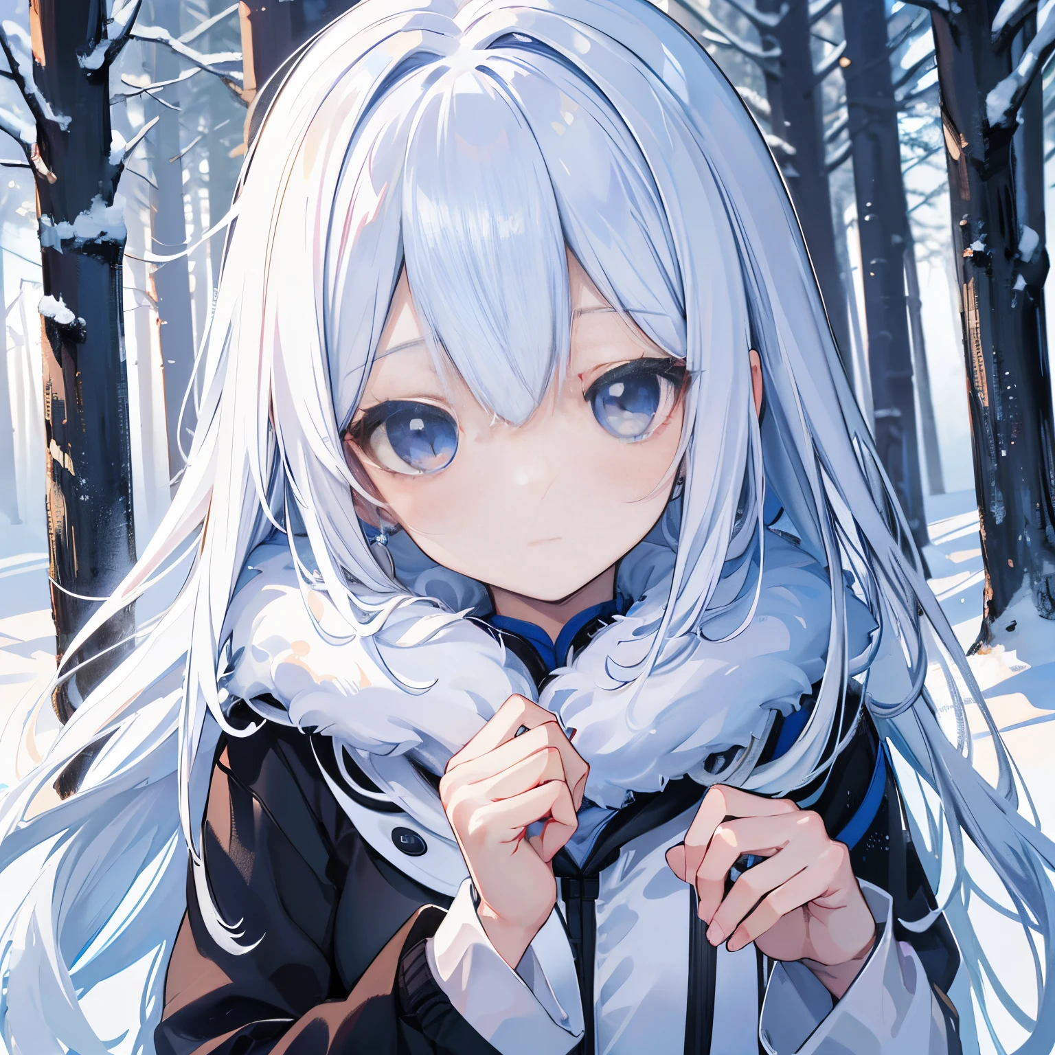 sportrait, high qulity, Ukrainian girl fairy winter snow passes through trees in the forest about 10 yeae eyes, Smooth skin, ((Best quality at best, 8K, tmasterpiece :1.3)), 1个Giant Breast Girl, Beautiful girl , leisure wear :1.2, in woods, Super detailed face, A detailed eye, 二重まぶた