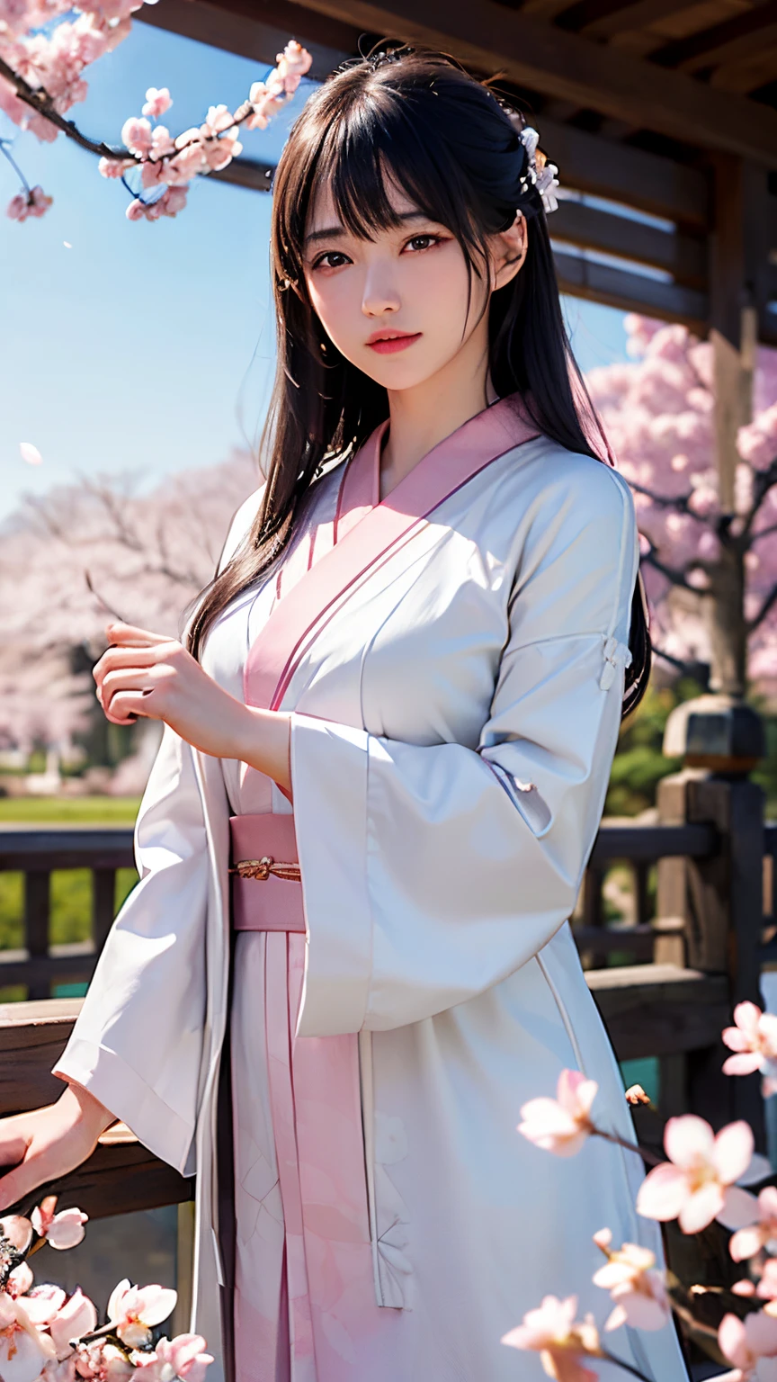 (A logo、masterpiece、8K、masutepiece、Raw photo、Fantastic、Best Quality、Photorealistic、extremely detailed CG unified 8k wallpaper、hightquality、ighly detailed、epic poem、Particle effect、Dynamic effects、depth of fields、Cinematic Light、Lens Flare、Ray tracing)、Fantasia、 (1 beautiful woman in a white coat、robe blanche、Japanese dress、White cherry blossom pattern、A dark-haired、Beautiful face、Real Face、Beautiful detail eyes、Beautiful skin)、Hair flutters in the wind、Hair jumps、Pink cherry blossom tree、Petals flutter、Sakura blizzard、Superb view、morning glow、Sun in the background、the wind、Deities、tusk、myth、Vast Land、