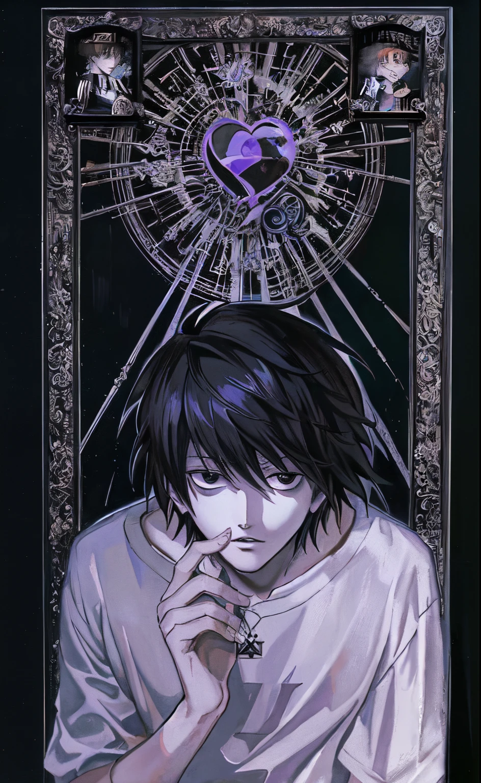 a painting of a man with a heart on his chest, death note, death note style, by Takeshi Obata, l · Lawliet, inspired by Takeshi Obata, death note ， d & d, light yagami, yagami light, style of junji ito, manga”, junji ito artwork, art style of junji ito , L Lewnit . Death Note