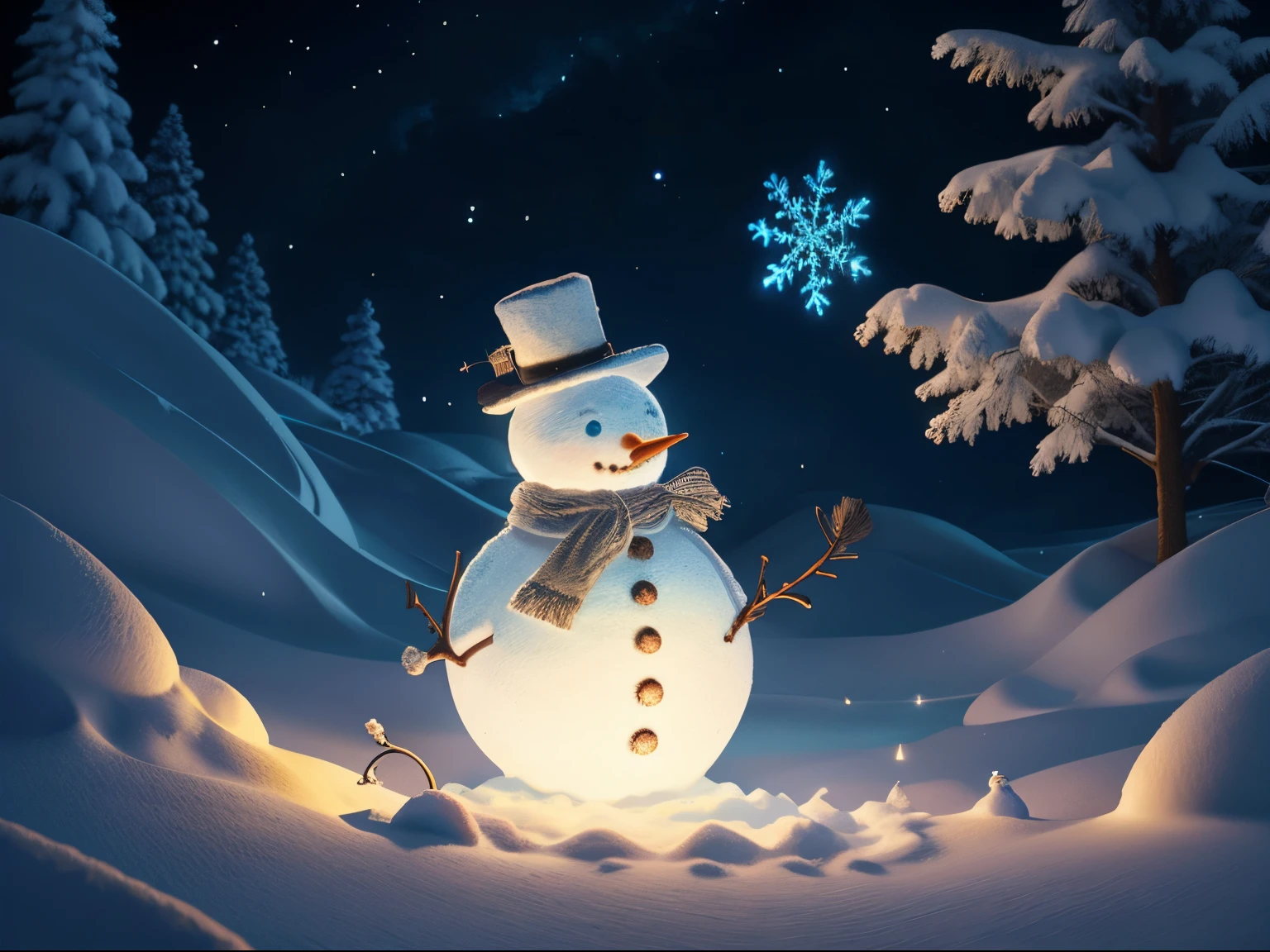 Snowman, Beautiful and Detailed, Dynamic Angle, Bioluminescent lighting, Volumetric lighting, 8K resolution, Illustration,