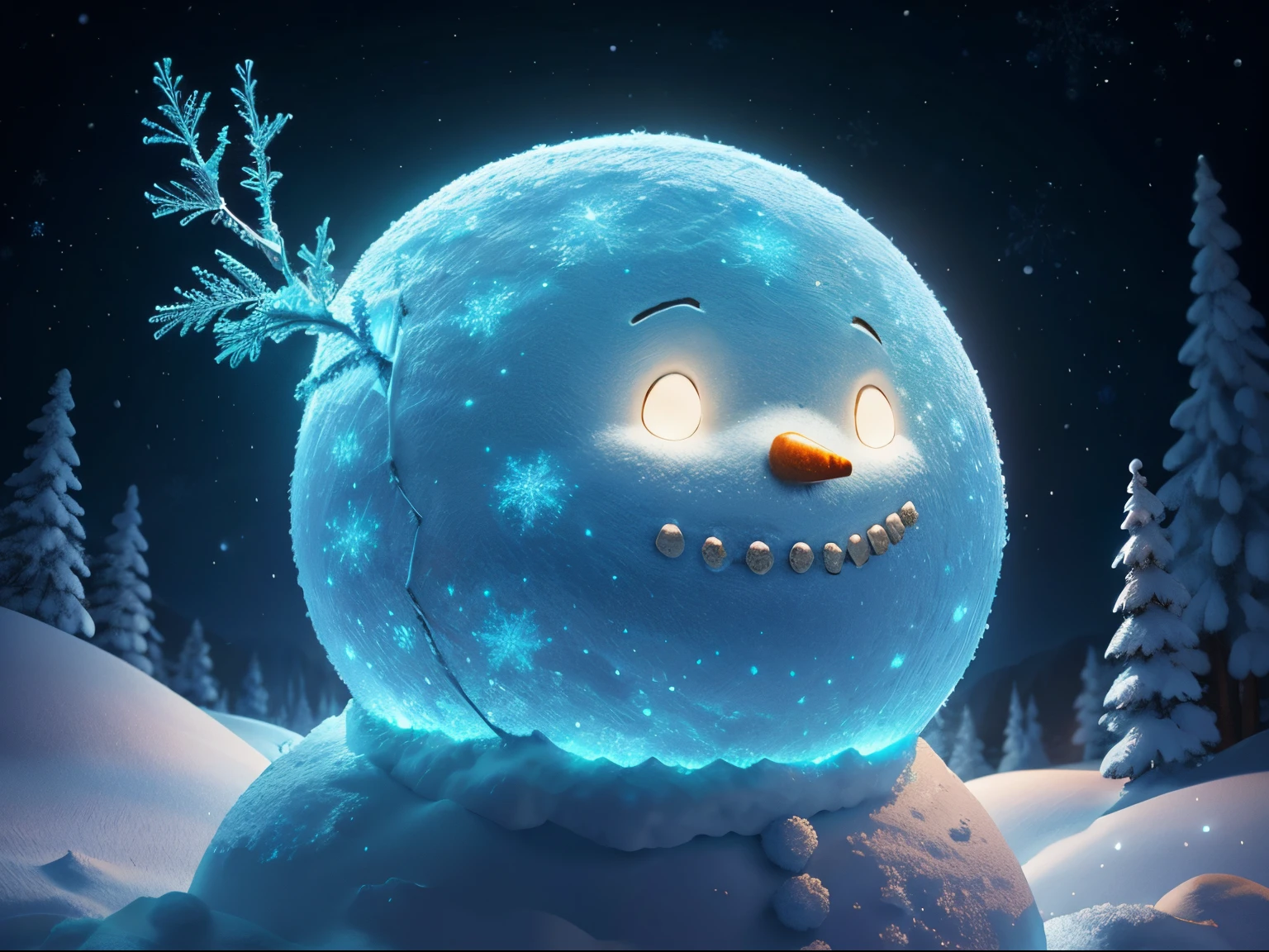 Snowman, Beautiful and Detailed, Dynamic Angle, Bioluminescent lighting, Volumetric lighting, 8K resolution, Illustration,