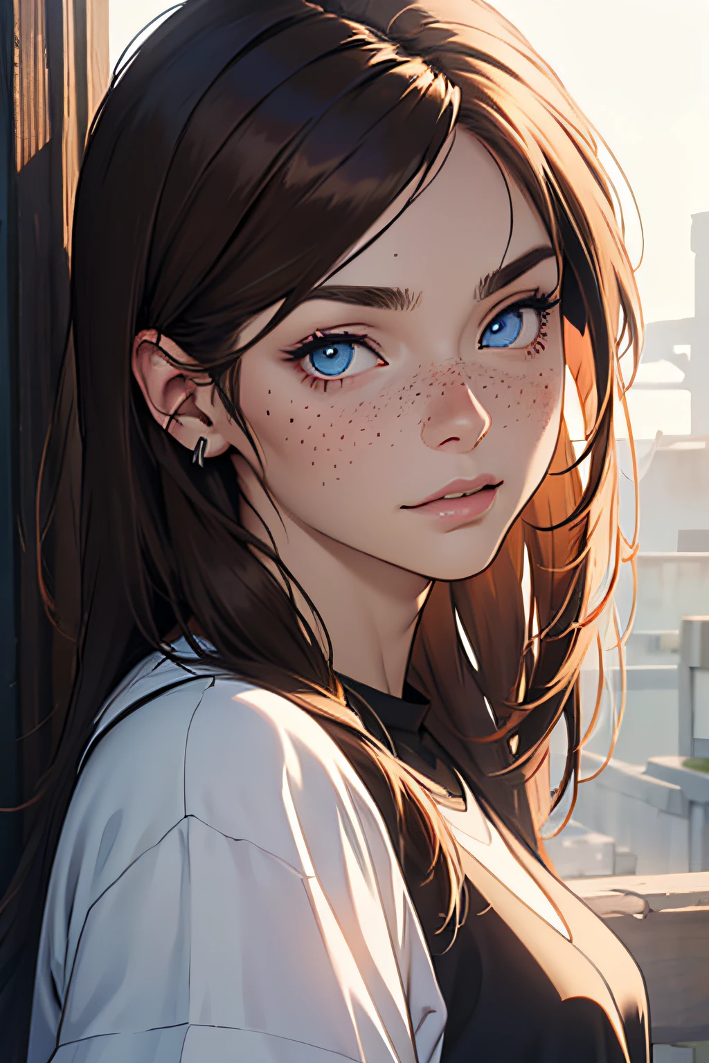 portrait, solo, mature, female, feminine, mysterious, pale skin, freckles, long hair, dark hair, brown hair, blue eyes, t-shirt, detailed background, Midjourney Niji style
