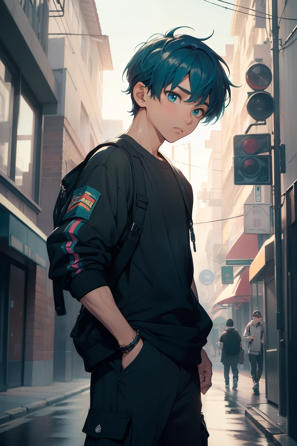 (masterpiece:1.4), 1boy, Streetwear,cargo pants, street, (masterpiece, best quality, highres, ultra detailed ), night, depth of field, absurdres, (masterpiece:1.4), ultra-detailed, 1boy, stand up, black and teal, short purple wildly hair with teal streaks