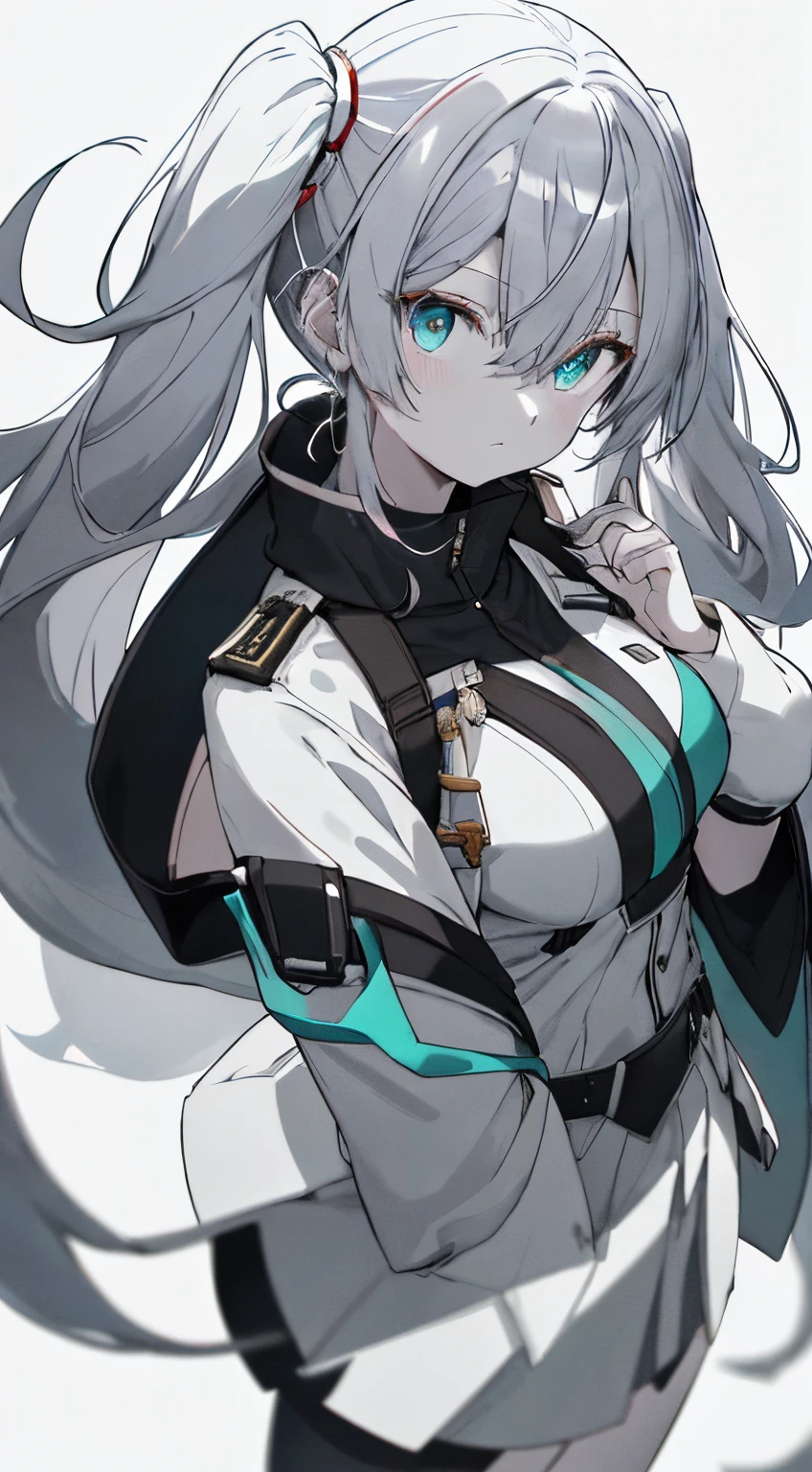 Full body, White one-piece military uniform, Jet black head of hair,(masutepiece:1.2, Best Quality), (finely detailed beautiful eye: 1.2), (beautifull detailed face), High contrast, (Best Illumination, extremely delicate and beautiful), ((Cinematic Light)), Dramatic light, Intricate details,Turquoise eyes, Shining eyes,Short stature, Undersized breasts, Belt under boobs, White military uniform, White skirt,Very dark gray hair, Black tie,  (Pale white background:1.5), Long twin tails fluttering in the wind,Twin tails long enough to touch the ground,white  clothes,