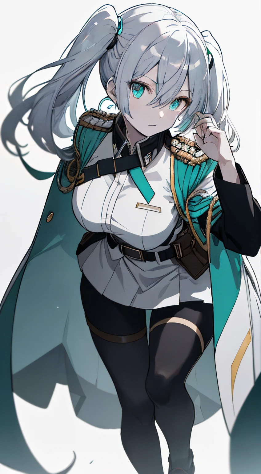 Full body, White one-piece military uniform, Jet black head of hair,(masutepiece:1.2, Best Quality), (finely detailed beautiful eye: 1.2), (beautifull detailed face), High contrast, (Best Illumination, extremely delicate and beautiful), ((Cinematic Light)), Dramatic light, Intricate details,Turquoise eyes, Shining eyes,Short stature, Undersized breasts, Belt under boobs, White military uniform, White skirt,Very dark gray hair, Black tie,  (Pale white background:1.5), Long twin tails fluttering in the wind,Twin tails long enough to touch the ground,white  clothes,