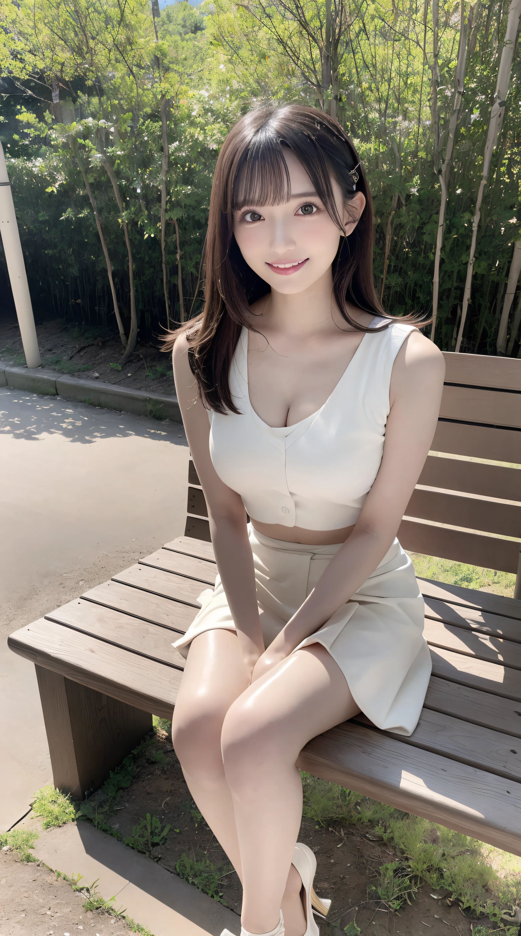 (Best Quality, masutepiece, Ultra HD: 1.3, High brightness, High color saturation), 1girl in, （middlebreasts）, light brown hair, Asymmetrical hair, straight haired, Long hair, （ slender body shape, Constricted waist）, （Ultra Fine Face）, Delicate lips, （beautidful eyes）, thin blush, eyes are brown, perfect glossy skin, View here, Smiling smile, （ hide one's hands）, （Sitting on a bench）, （thin and long legs, Thighs and toes:1.5), See-through white blouse, White tight skirt, （White pumps）, (a japanese girl, hposing Gravure Idol), Broad-leaved forest, 135 mm, Fuji Film