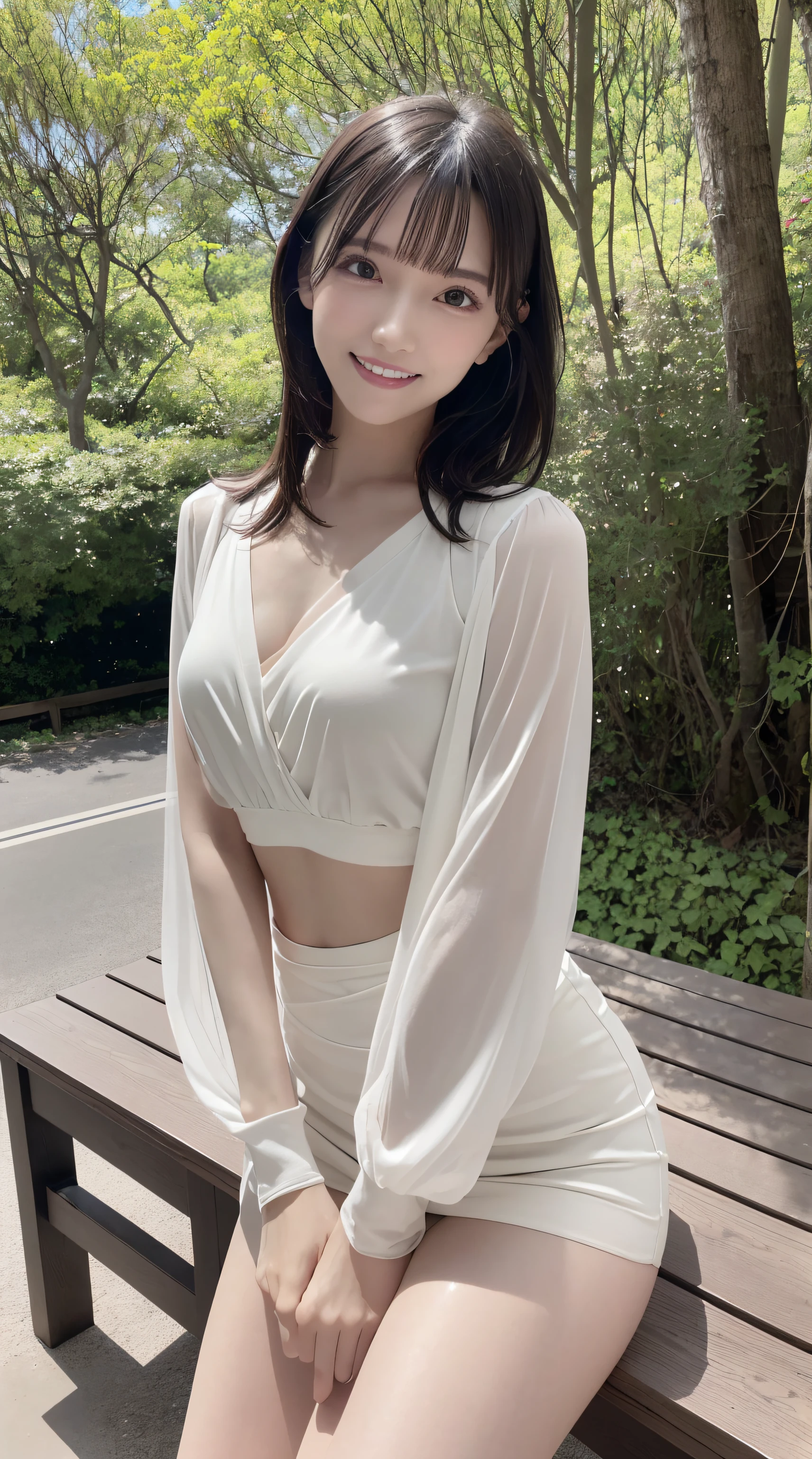 (Best Quality, masutepiece, Ultra HD: 1.3, High brightness, High color saturation), 1girl in, (middlebreasts), light brown hair, Asymmetrical hair, straight haired, Long hair, ( slender body shape, Constricted waist), (Ultra Fine Face), Delicate lips, (beautidful eyes), thin blush, eyes are brown, perfect glossy skin, View here, Smiling smile, ( hide one's hands), (Sitting on a bench), (thin and long legs, Thighs and toes:1.5), See-through white blouse, White tight skirt, (White pumps), (a japanese girl, hposing Gravure Idol), Broad-leaved forest, 135 mm, Fuji Film