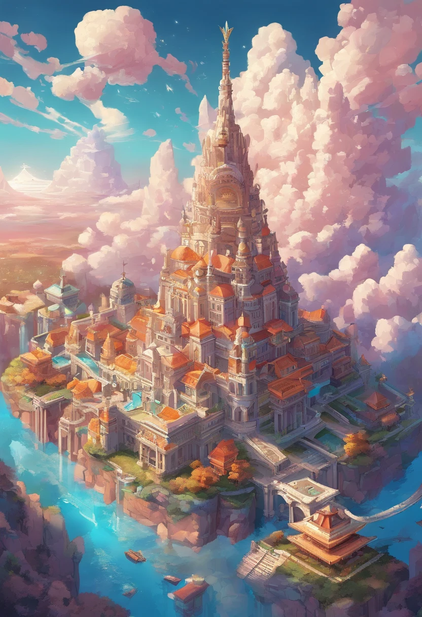 (Best Quality, Masterpieces, Detailed, nowi), A majestic kingdom floating in the sky, With sparkling effects and eternal realms. Reflective surfaces that reach the clouds and towering architecture. Astonishingly detailed details. A cosmic ode to Zeus.