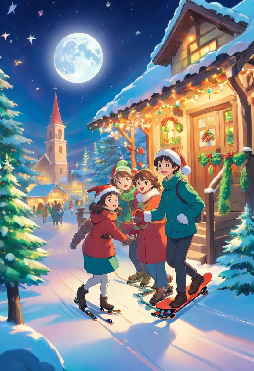 Christmas 2024, snowy landscape, winter wonderland, cozy cabin, decorated Christmas tree, fireplace, stockings hanging, warm blankets, hot cocoa, family gathering, Christmas dinner, turkey, mashed potatoes, gravy, cranberry sauce, pumpkin pie, eggnog, gifts, wrapping paper, ribbons, bows, Santa Claus, reindeer, sleigh, snowman, ice skating, snowball fight, caroling, church bells, starry night, full moon, aurora borealis, twinkling lights, joyful, festive, magical, heartwarming, traditional, nostalgic, celebratory