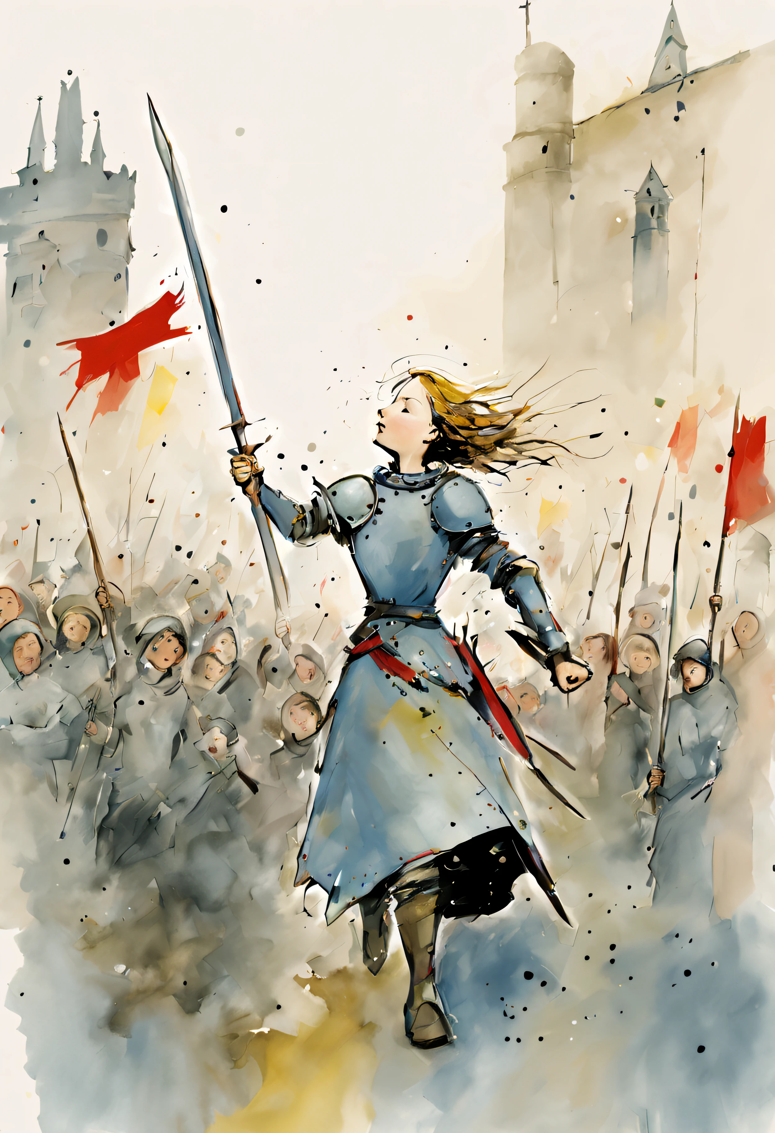 Quentin Blake style photo 、Joan of Arc leading the people、hight resolution、Beautiful fece、top-quality、​masterpiece、ighly detailed