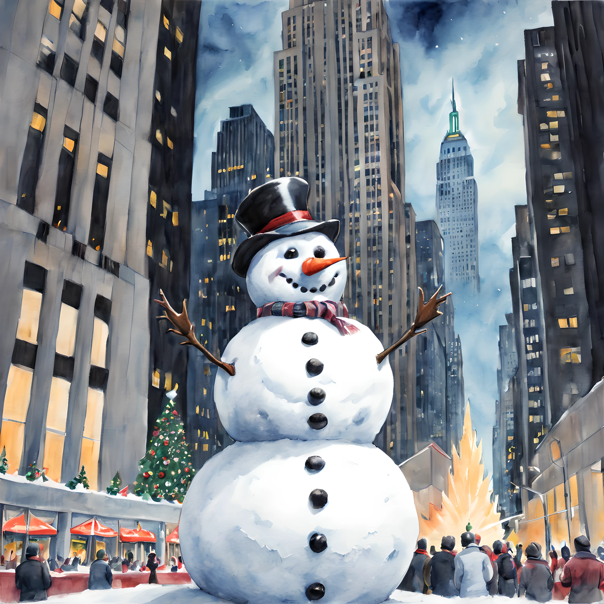 (snowman:1.5),(snowman theme:1.5),(dark horror theme:1.5),(thriller:1.5),(inspiration from Stephen King and ghost busters:1.5),(dark fantasy:1.5), (ink and watercolor painting:1.5), (full color:1.5), 8k, 4k, (snowman in front of rockefeller center:1.5),(Christmas:1.5),(absurderes:1.5),(fantastic:1.5),(best quality:1.5),(masterpiece:1.5),