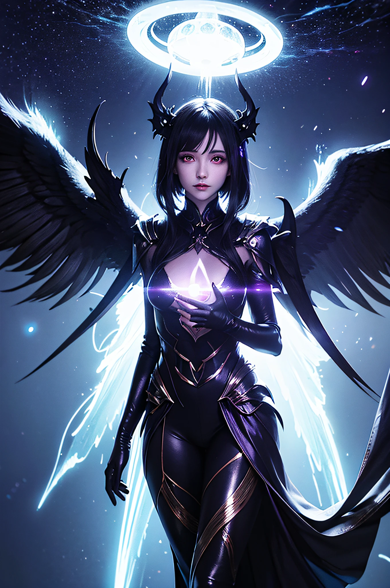 Cosmic Fallen Angel, Glowing light eyes, Dark fentezi, Neo-rendering,eldritch, Creepy, nightmarish, Very bright colors, light particles, with luminous light, Mshiff, Wallpaper Art, UHD wallpaper, slaanesh, seductive