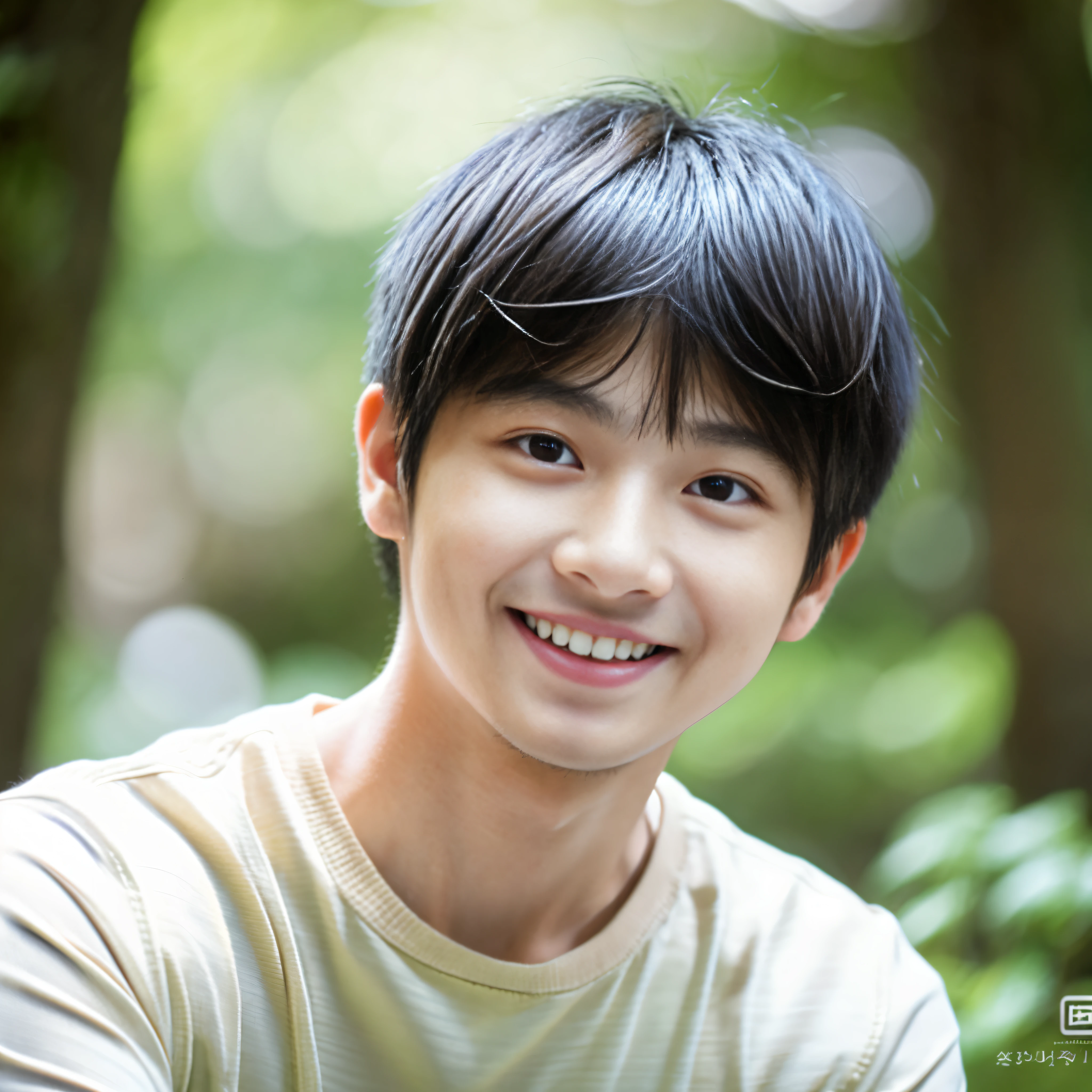 Ultra-realistic capture, Highly detailed, High resolution 16k of human skin, Skin texture must be natural, With such detail that pores can be finely identified, Skin should look healthy, In a uniform tone, Use natural light and color, (Japanese male:0.3), 25 years old, ( face:1.35), mushroom hair, upper body, smile
