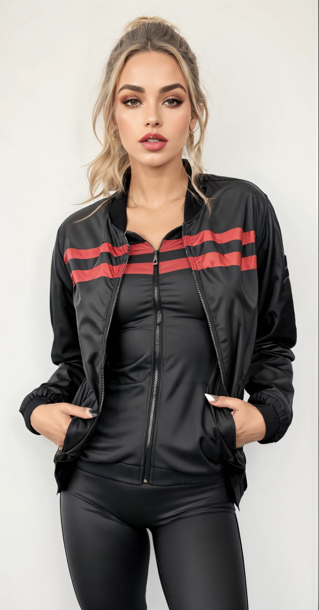 uma mulher com uma jaqueta preta e leggings pretas posando para uma foto, jaqueta preta e vermelha, roupas esportivas, roupas esportivas, jaqueta esportiva, encapuzado, suit jacket, jaqueta vermelha legal, Black jacket, jaqueta bomber preta, Capa e capuz vermelho e preto, roupas esportivas fofas, roupas de seda pretas e vermelhas, jaqueta preta longa, jaqueta bomber, wearing jacket, in tennis coat