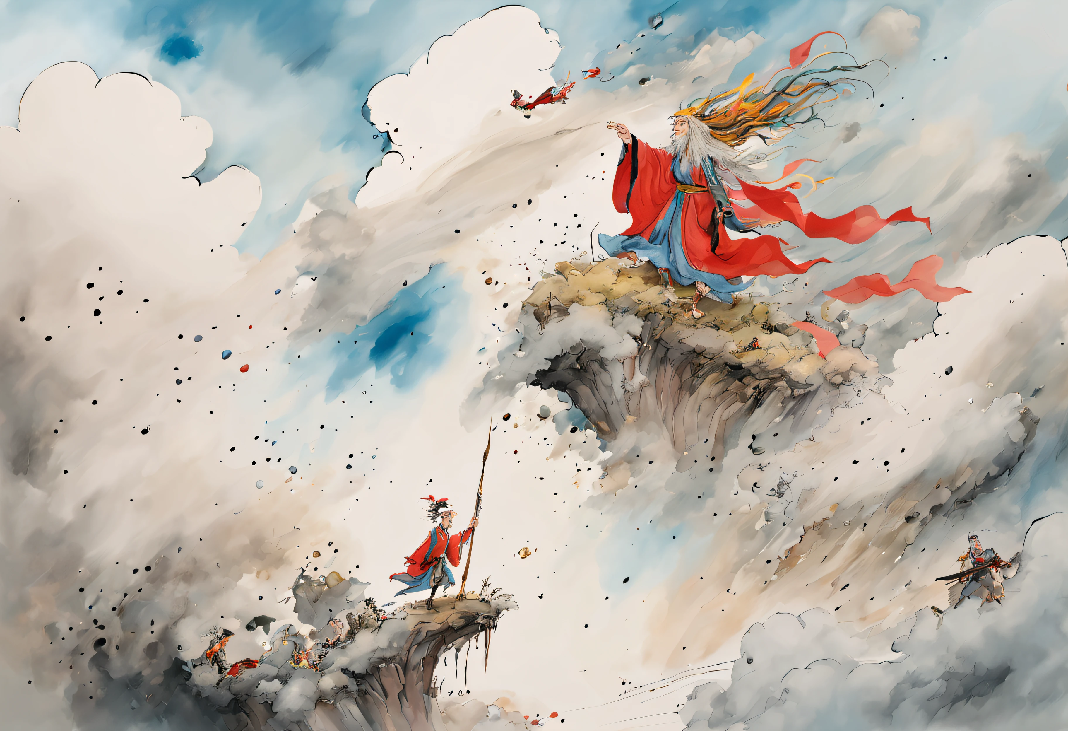 Quentin Blake style photo 、Fengshen and Thunder God、emerge from the clouds、The large、hight resolution、Beautiful fece、top-quality、masterpiece、ighly detailed