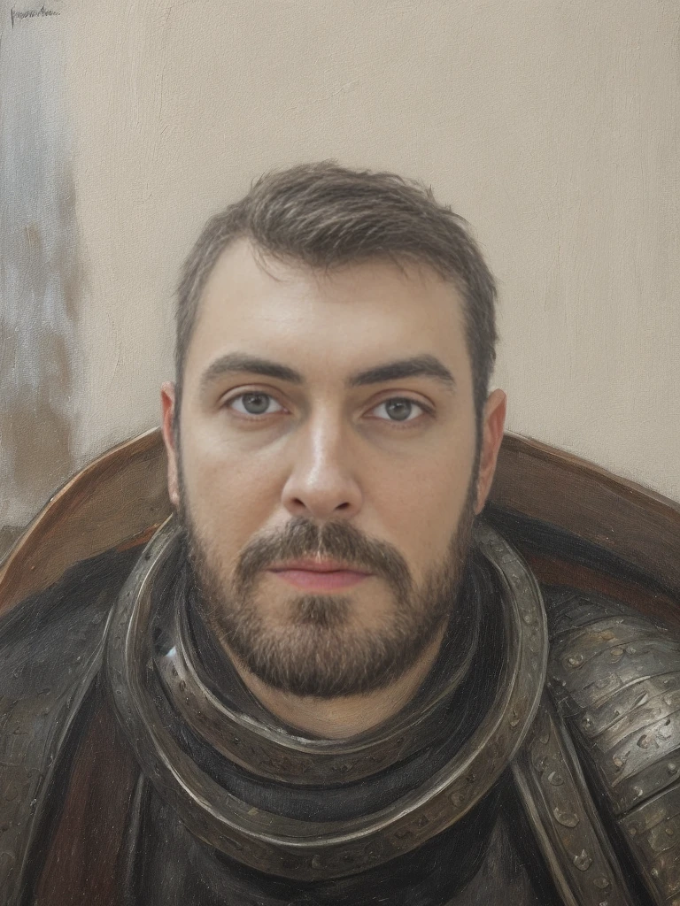 oil painting on canvas, depicting a young hero, medieval adventurer, knight, in full armor with dark hairstyle, soft-lighting, Medieval background